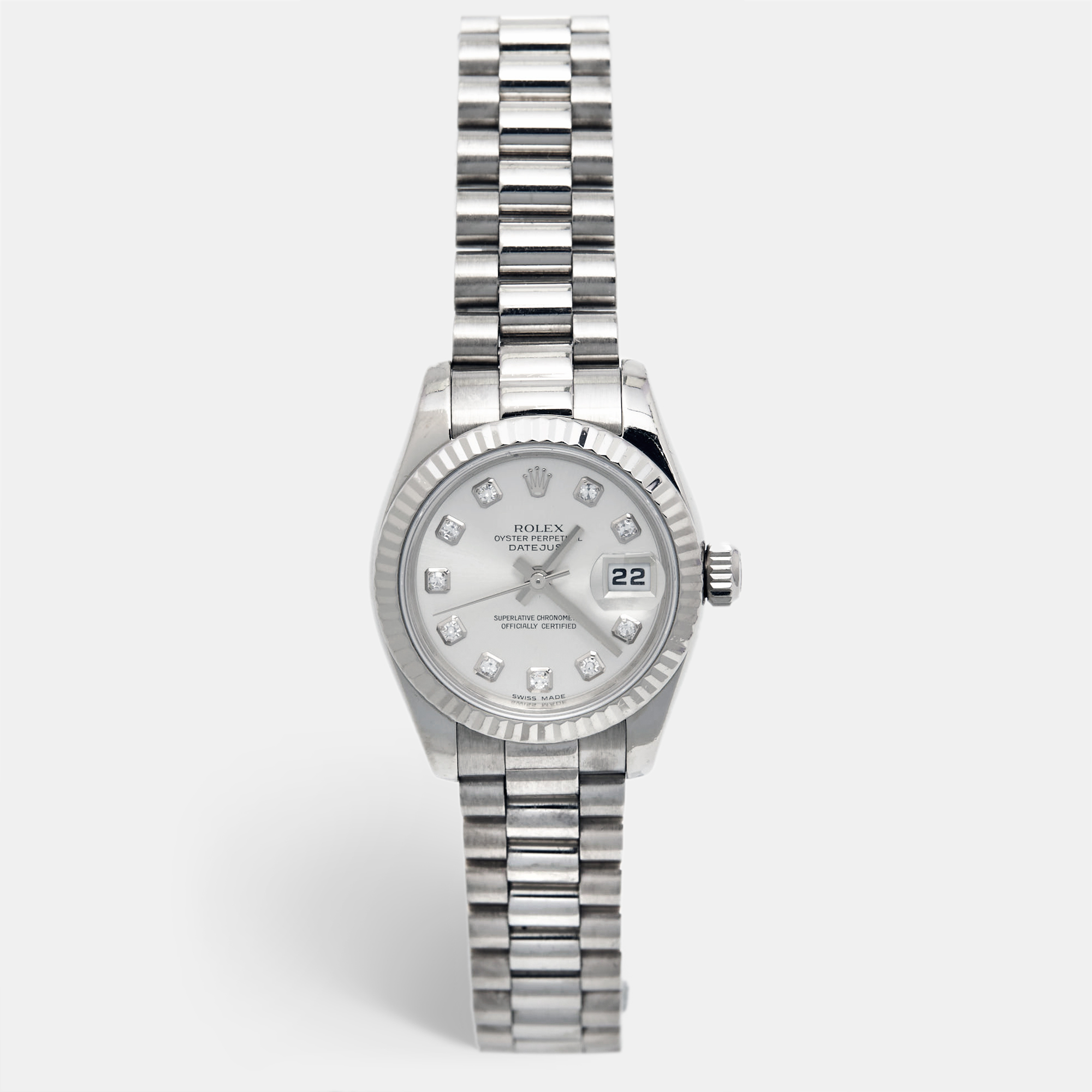 Rolex silver diamonds 18k white gold president datejust 179179 women's wristwatch 26 mm
