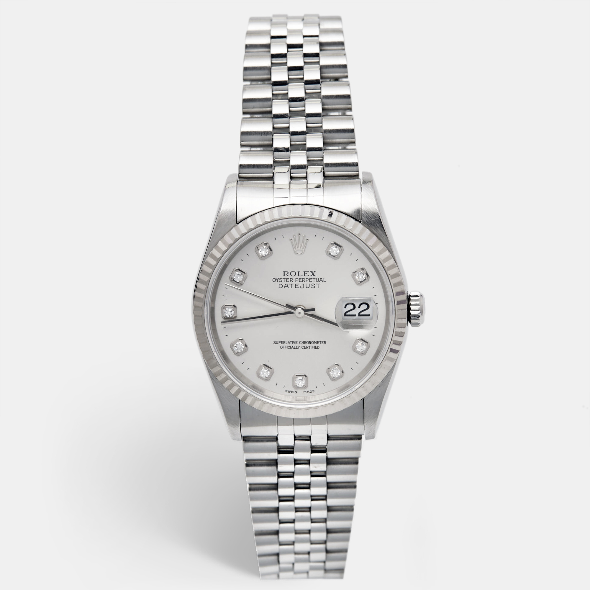 Rolex silver diamond 18k white gold stainless steel datejust 16234 unisex wristwatch 36 mm