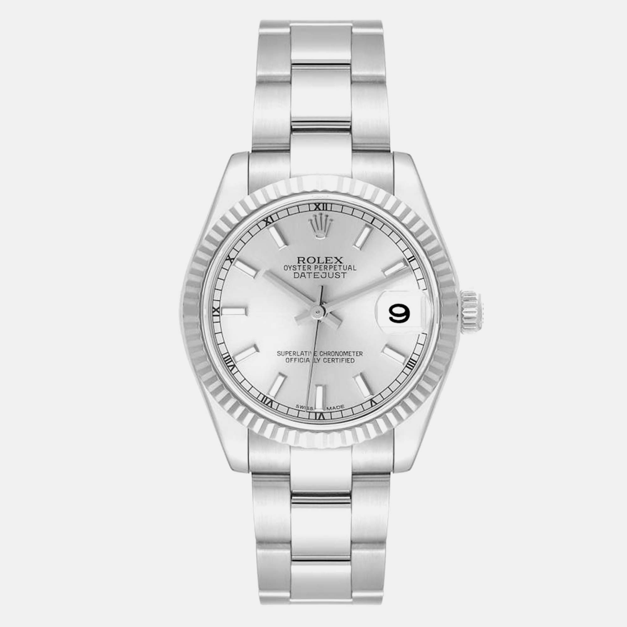 Rolex datejust midsize steel white gold silver dial ladies watch 31 mm
