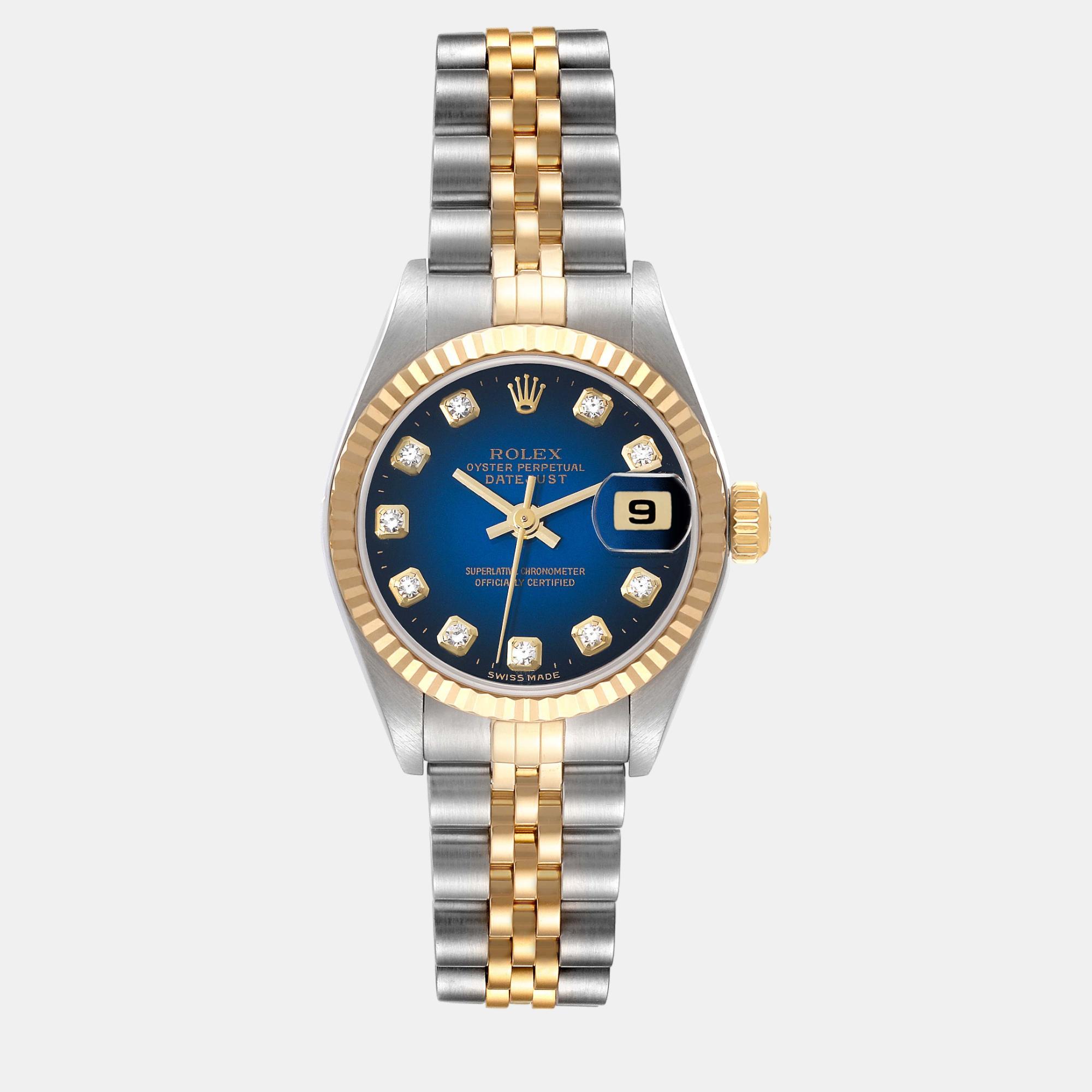 Rolex datejust steel yellow gold blue vignette diamond dial ladies watch 26.0 mm
