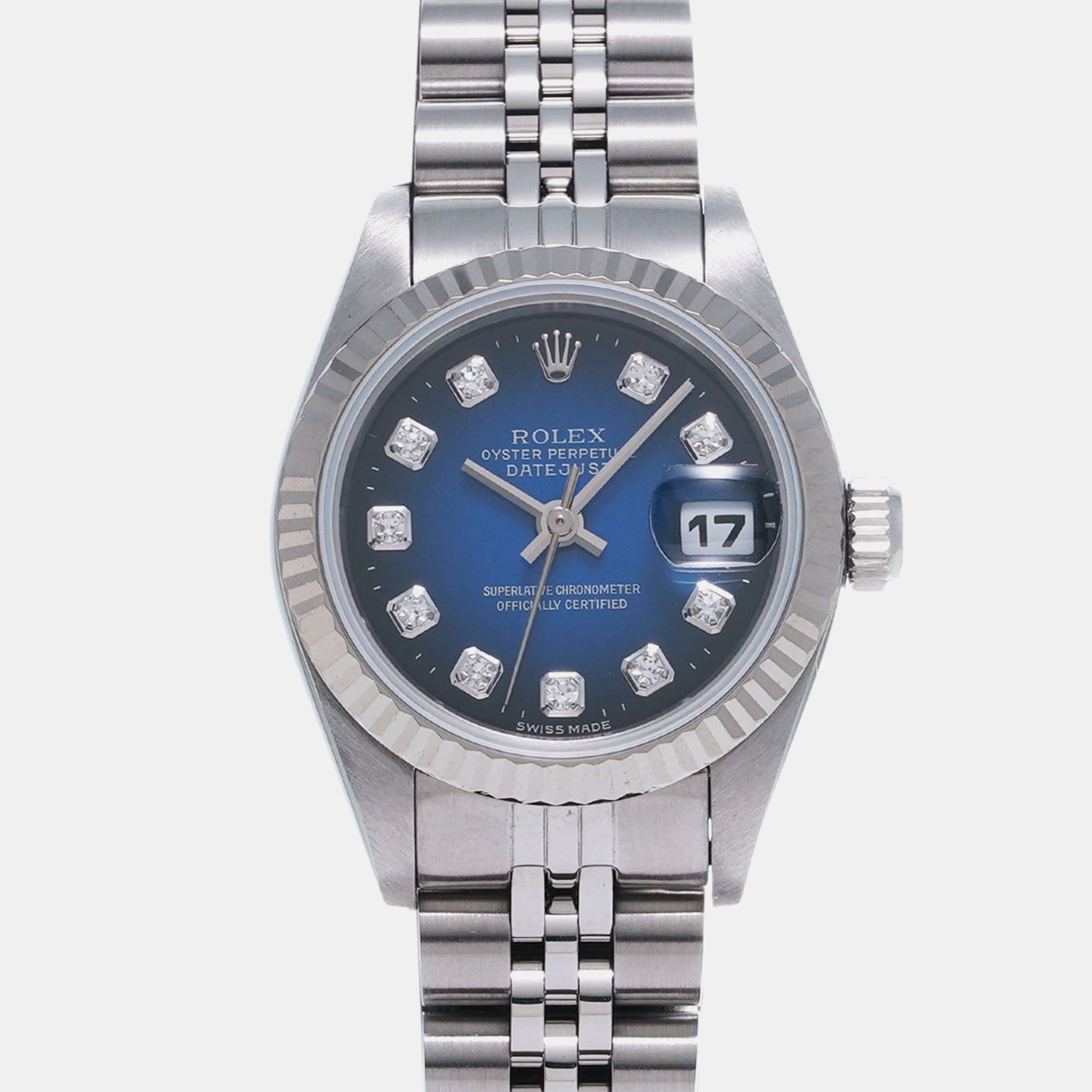 Rolex blue 18k white gold stainless steel diamond datejust automatic women's wristwatch 26 mm