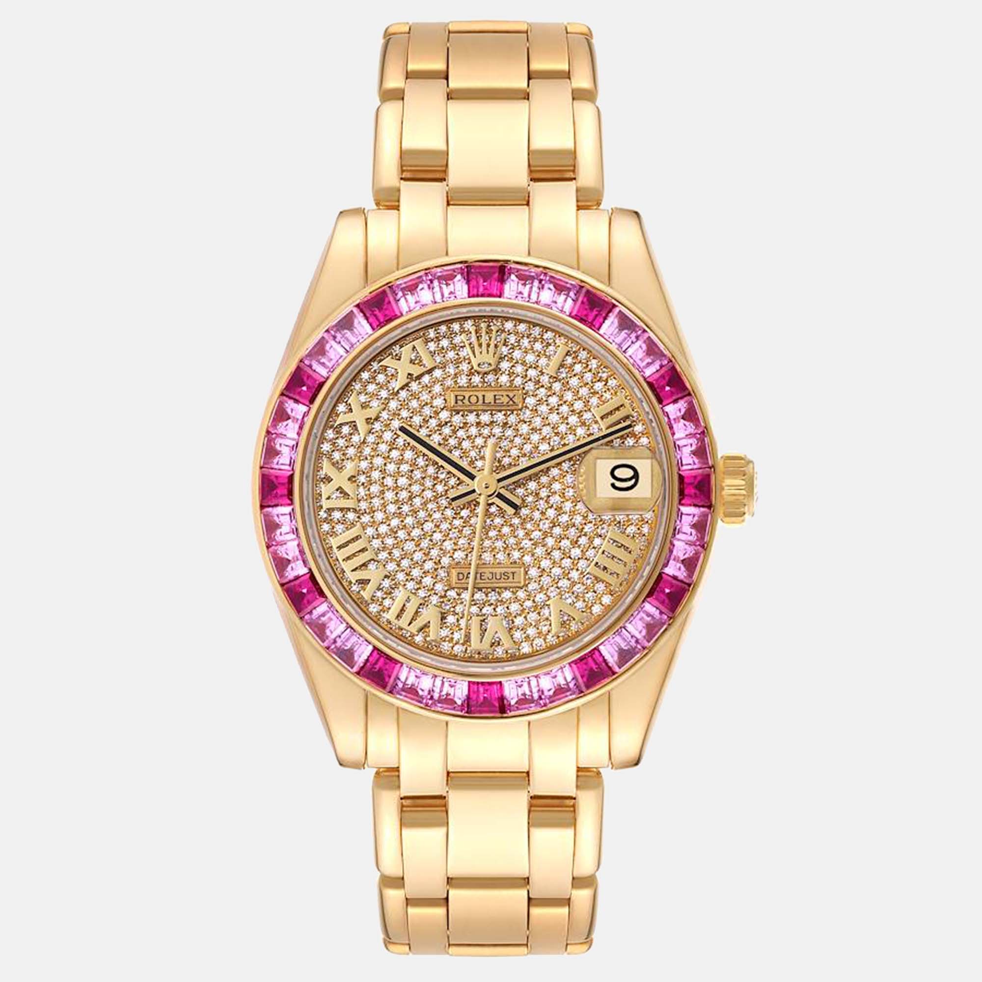 Rolex pearlmaster yellow gold pave dial sapphire bezel ladies watch 81348 34 mm