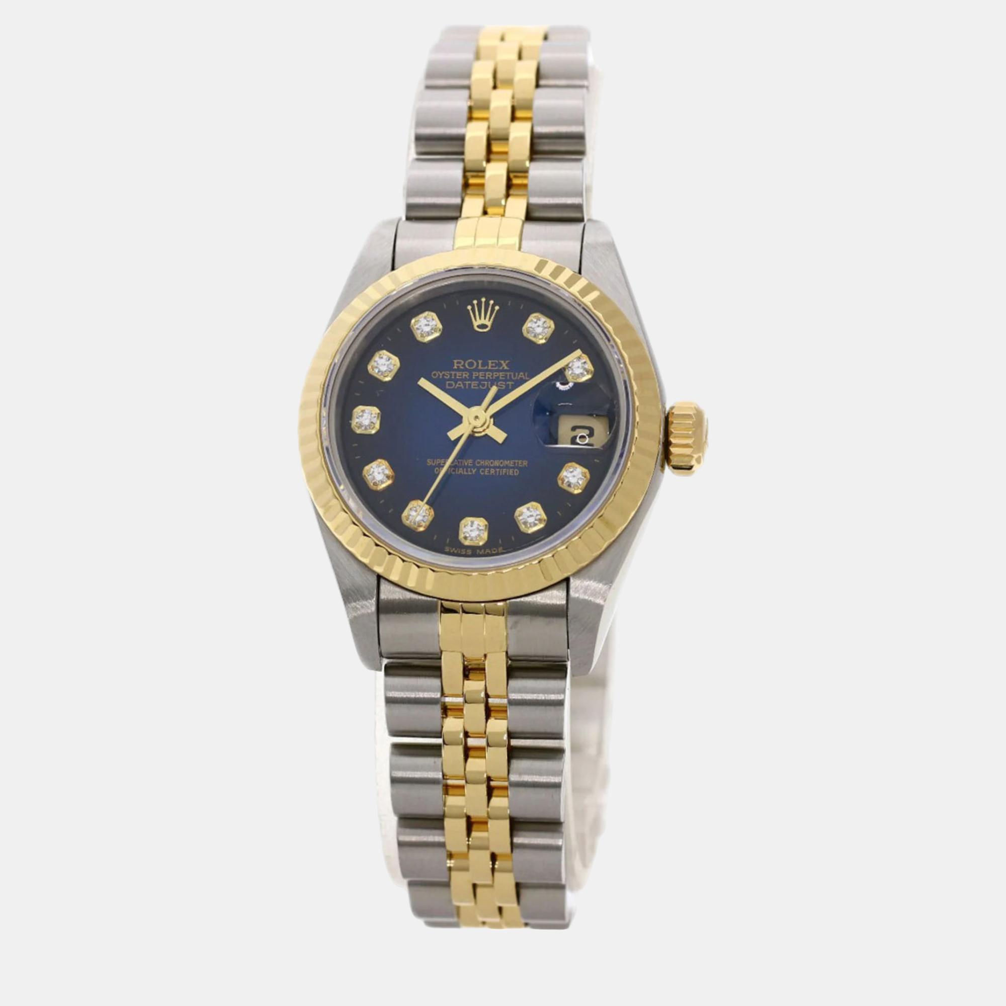 Rolex blue diamond 18k yellow gold stainless steel datejust 79173 automatic women's wristwatch 26 mm