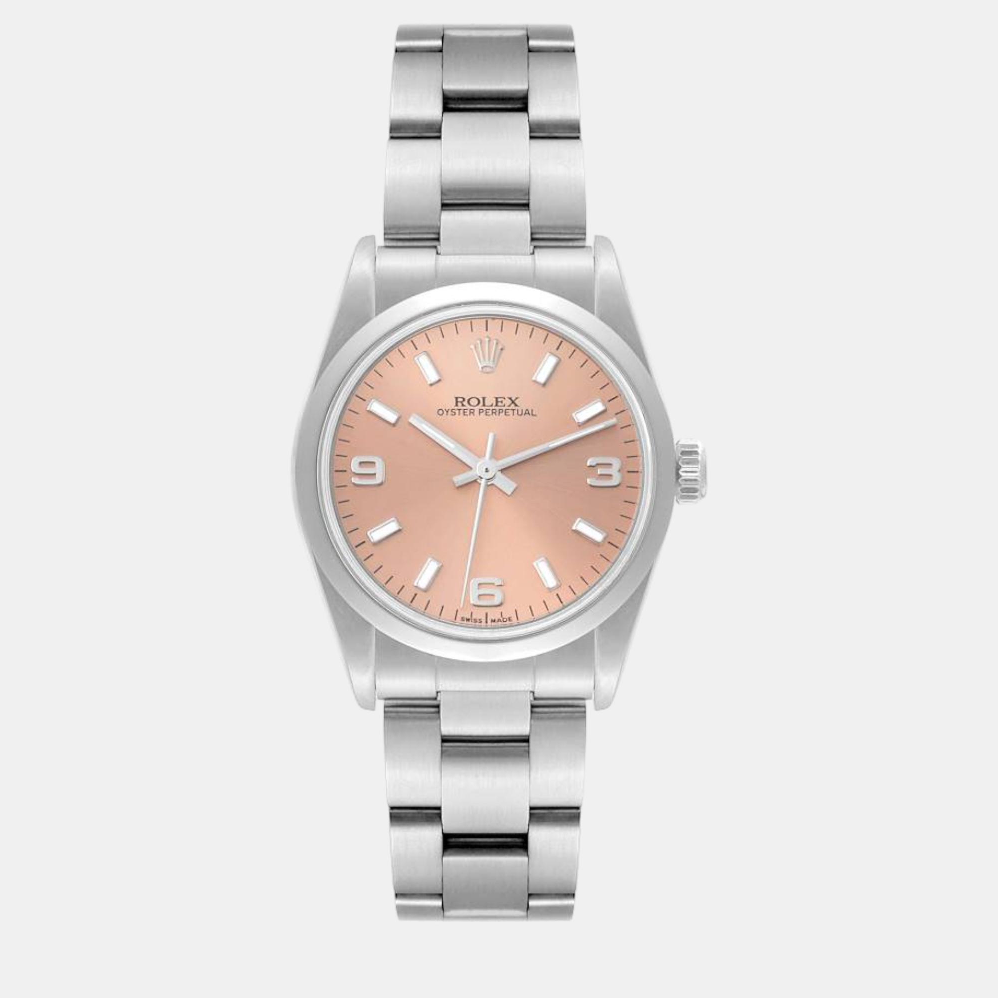 Rolex oyster perpetual midsize salmon dial steel ladies watch 31 mm
