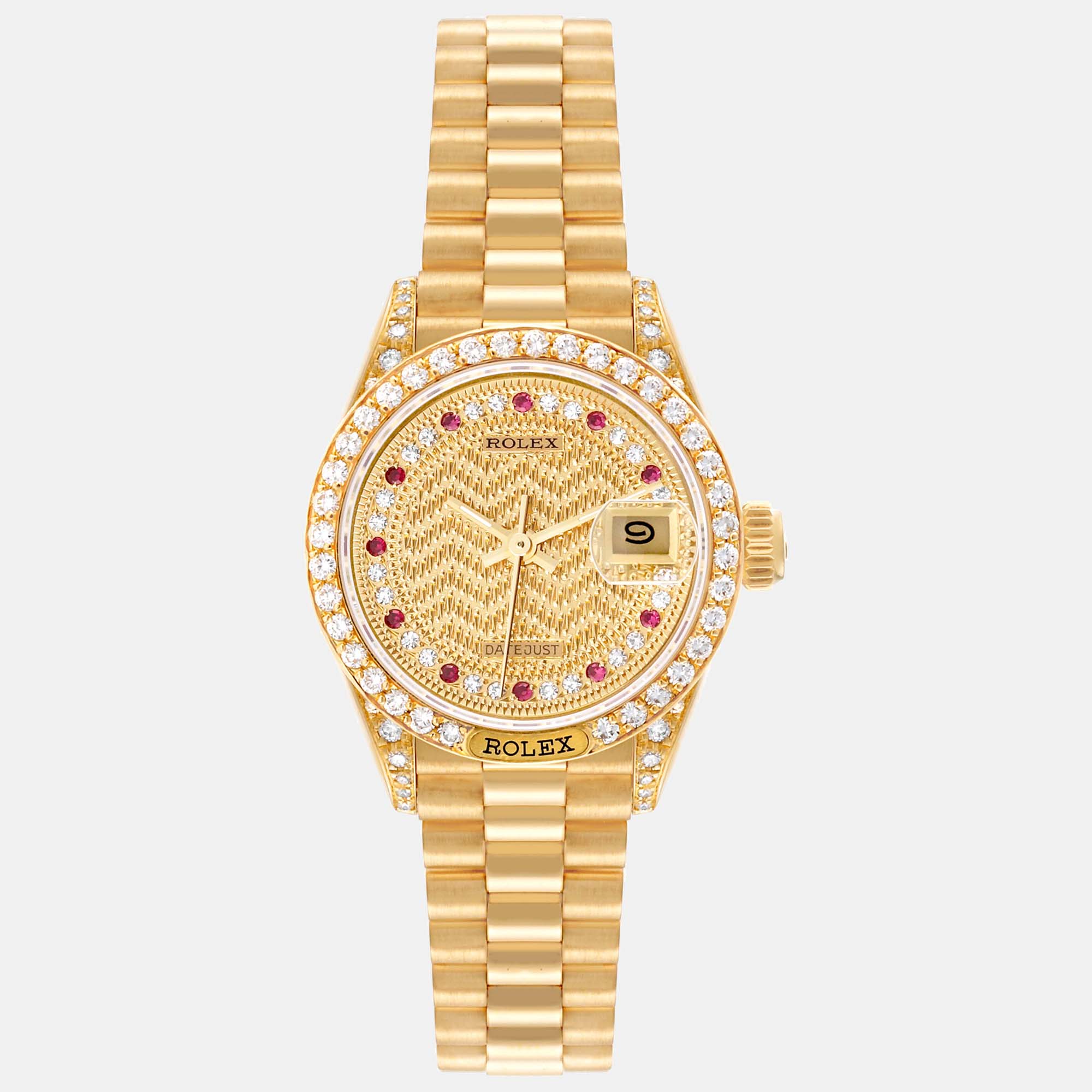 Rolex president yellow gold diamond ruby string dial watch 26.0 mm