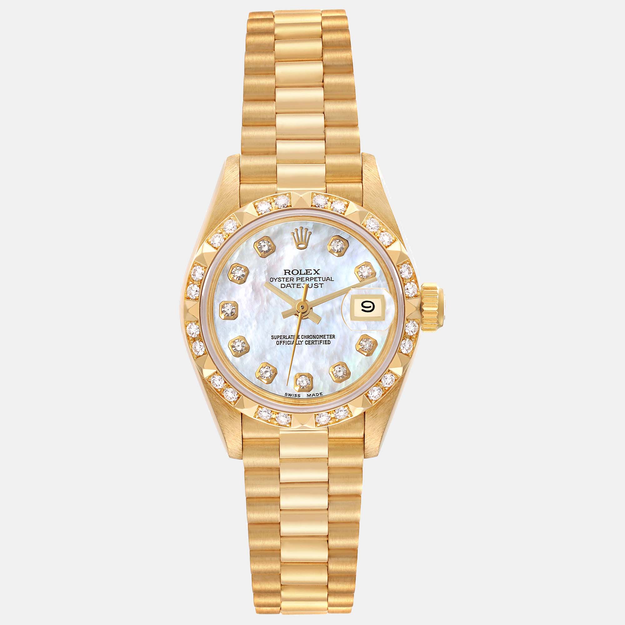 Rolex president datejust yellow gold pyramid diamond bezel watch 26.0 mm
