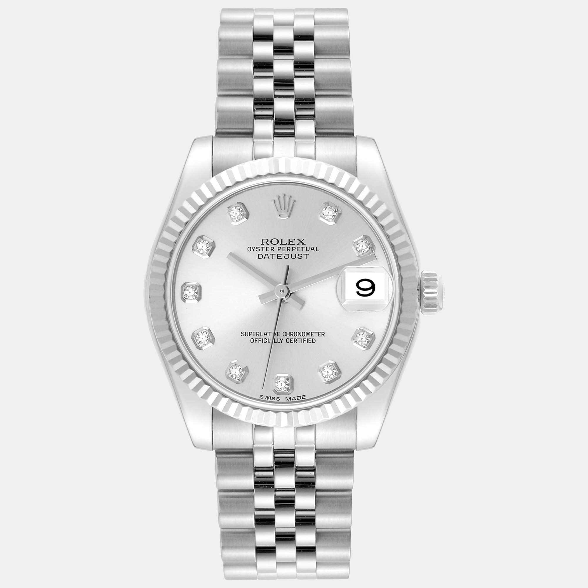 Rolex Datejust Midsize Steel White Gold Diamond Dial Ladies Watch 31.0 mm, Silver
Rolex Datejust Midsize Steel White Gold Diamond Dial Ladies Watch 31.0 mm, Silver