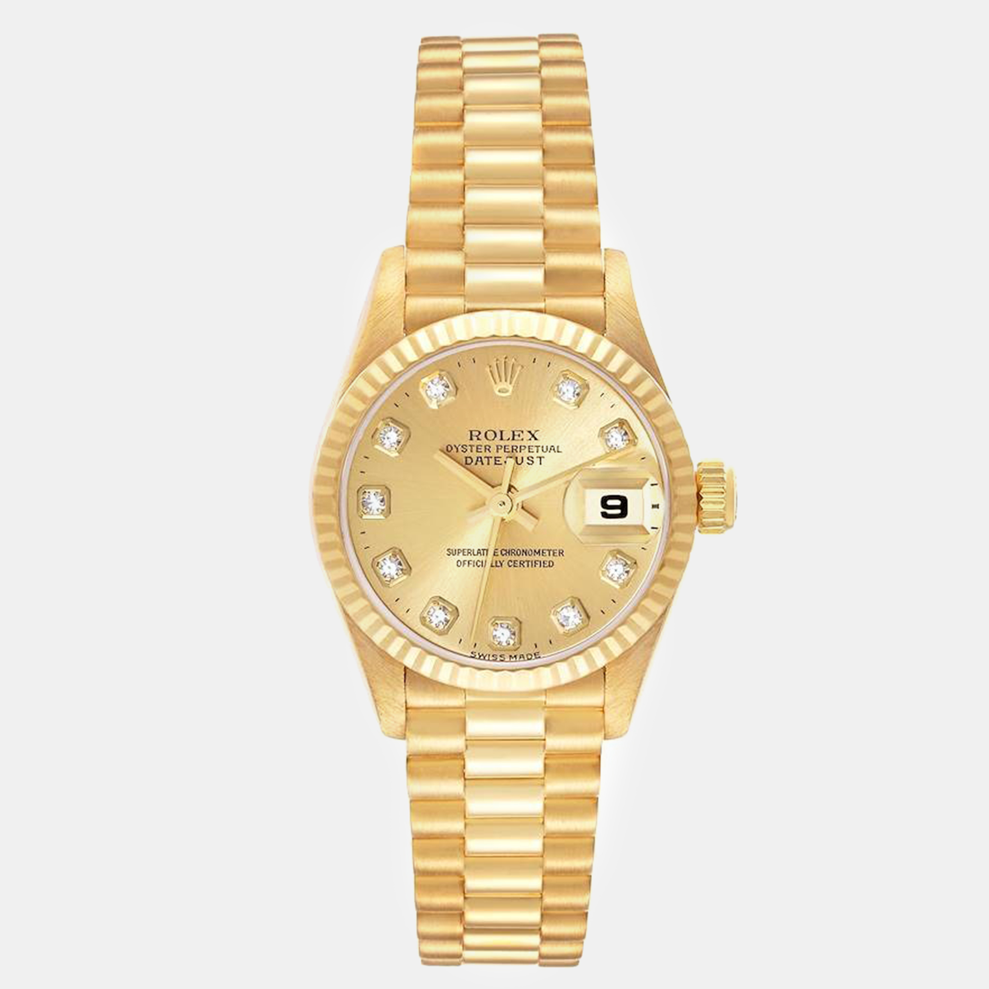 Rolex president datejust yellow gold diamond dial ladies watch 79178 26 mm