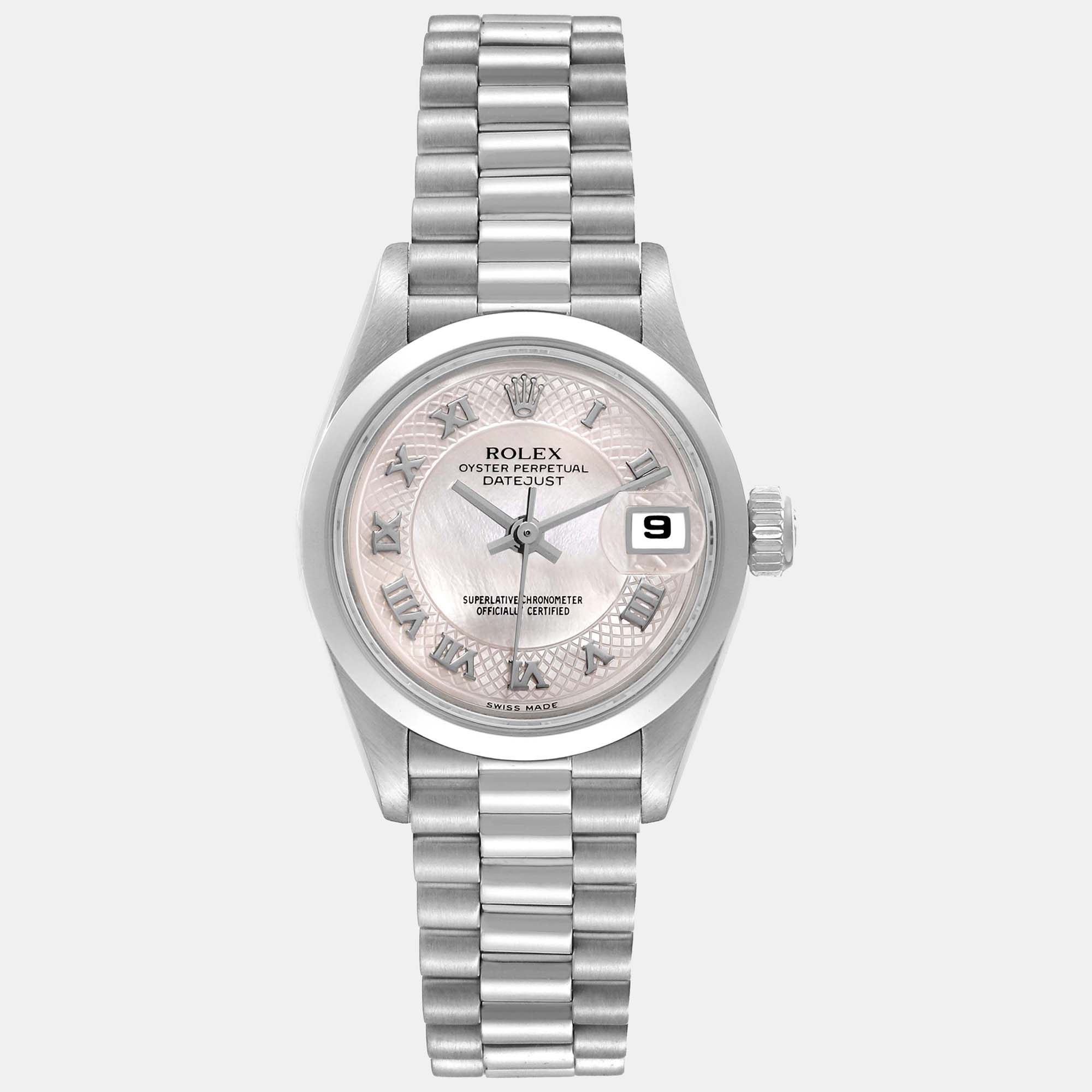 Rolex president datejust platinum mother of pearl ladies watch 69166 26 mm
