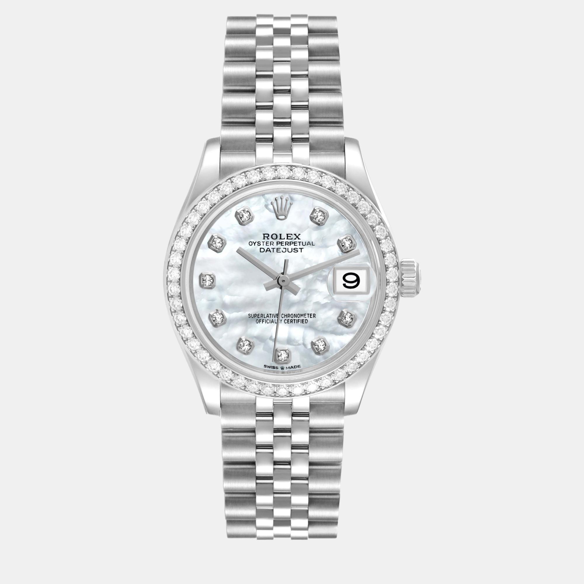 Rolex datejust midsize 31 steel white gold mother of pearl diamond ladies watch 278384 31 mm