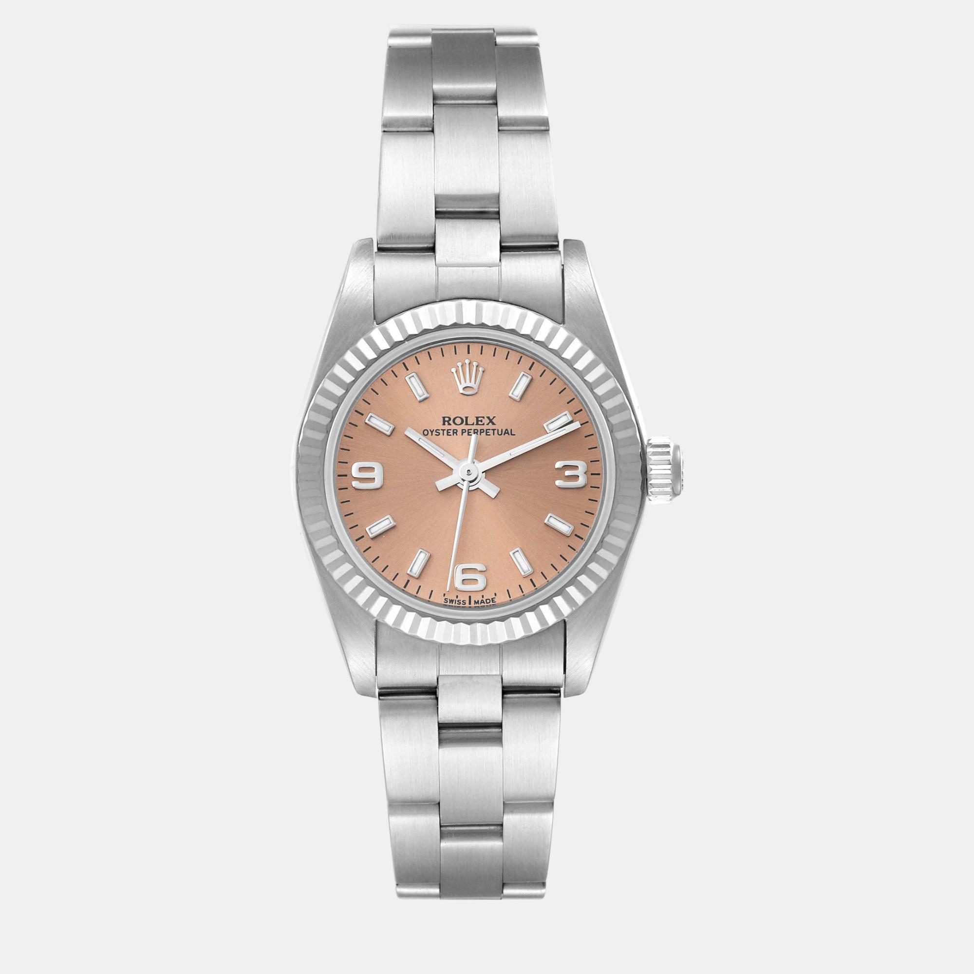 Rolex oyster perpetual salmon dial steel white gold ladies watch 24.0 mm