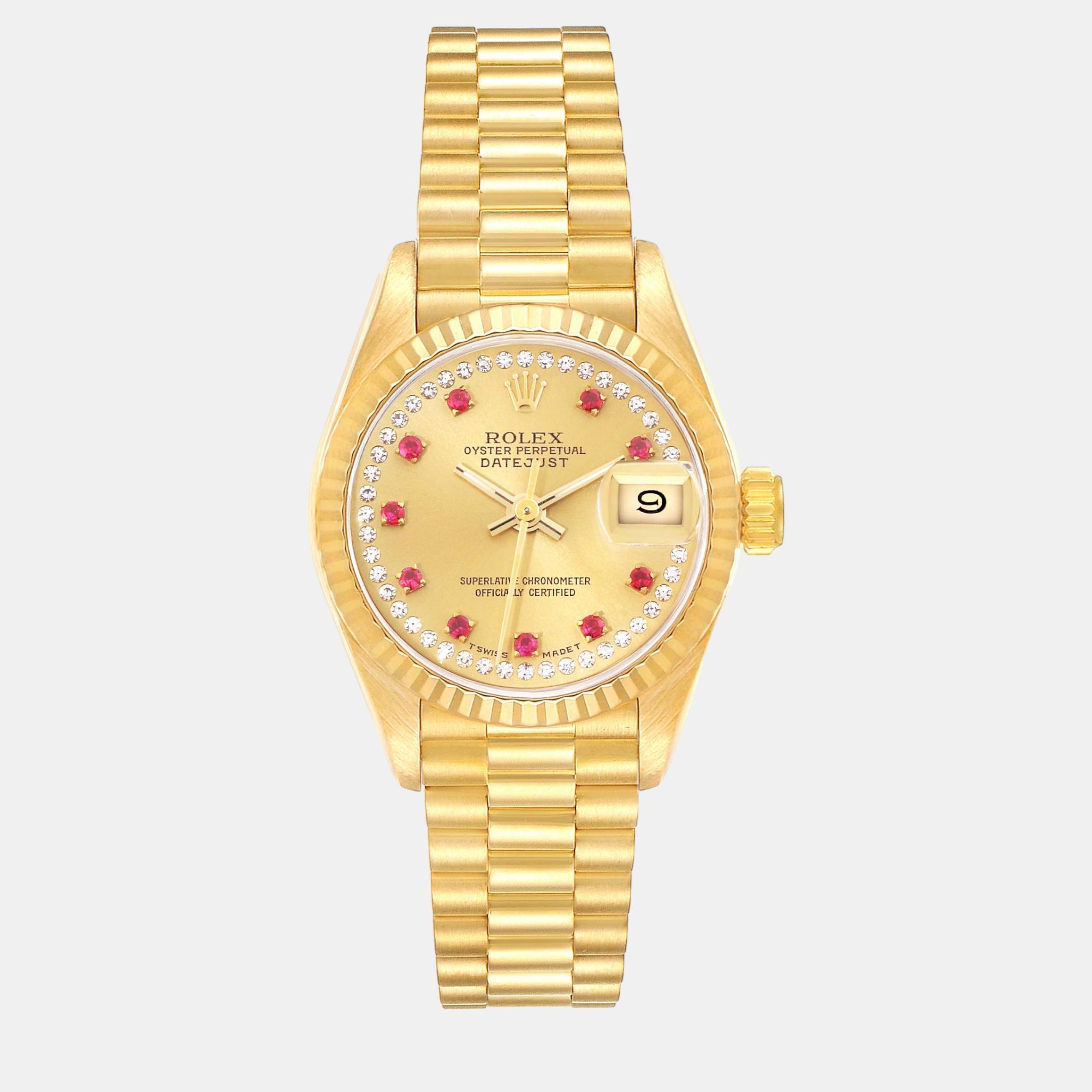 Rolex president datejust yellow gold diamond ruby ladies watch 69178 26 mm