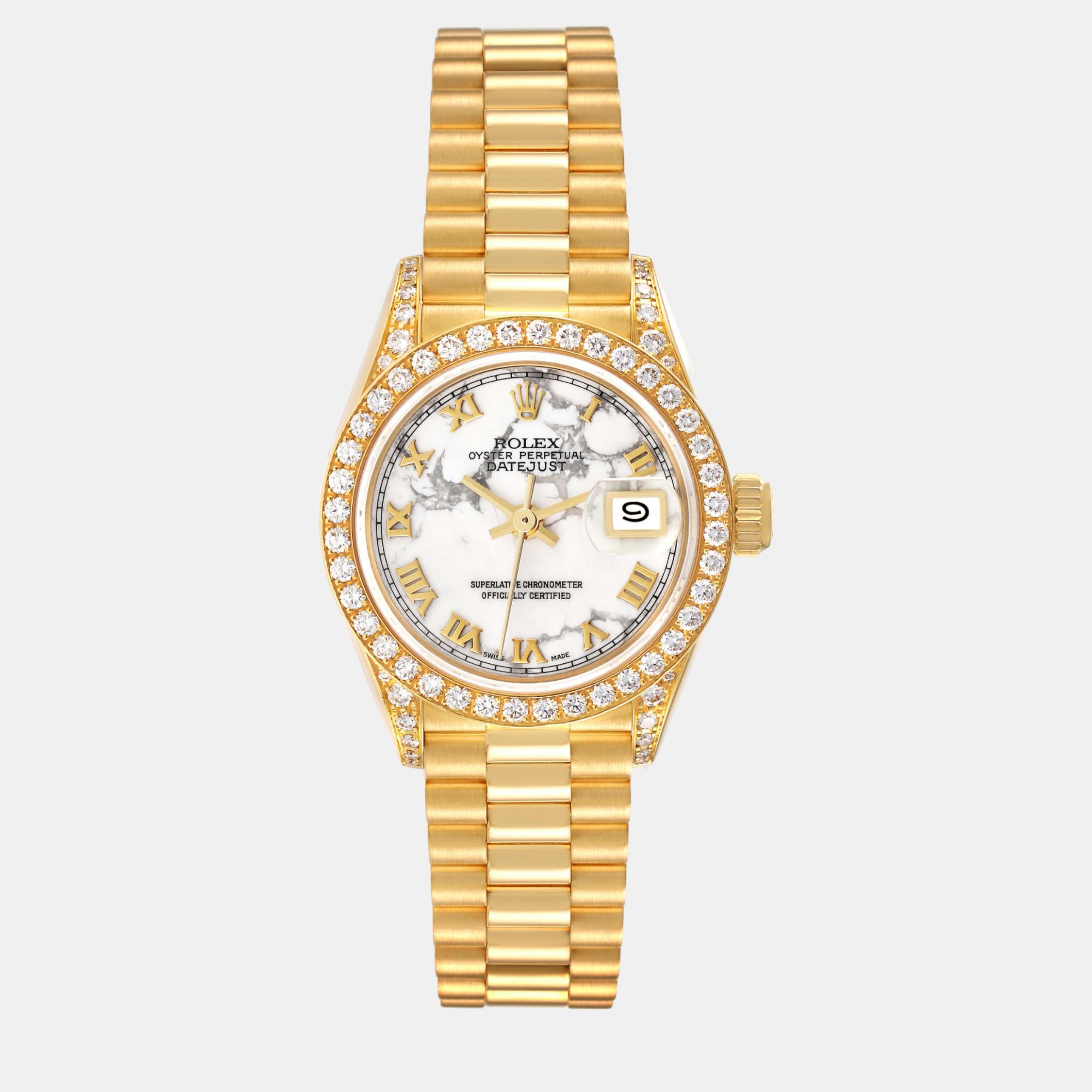 Rolex president datejust yellow gold marble dial diamond ladies watch 69158 26 mm