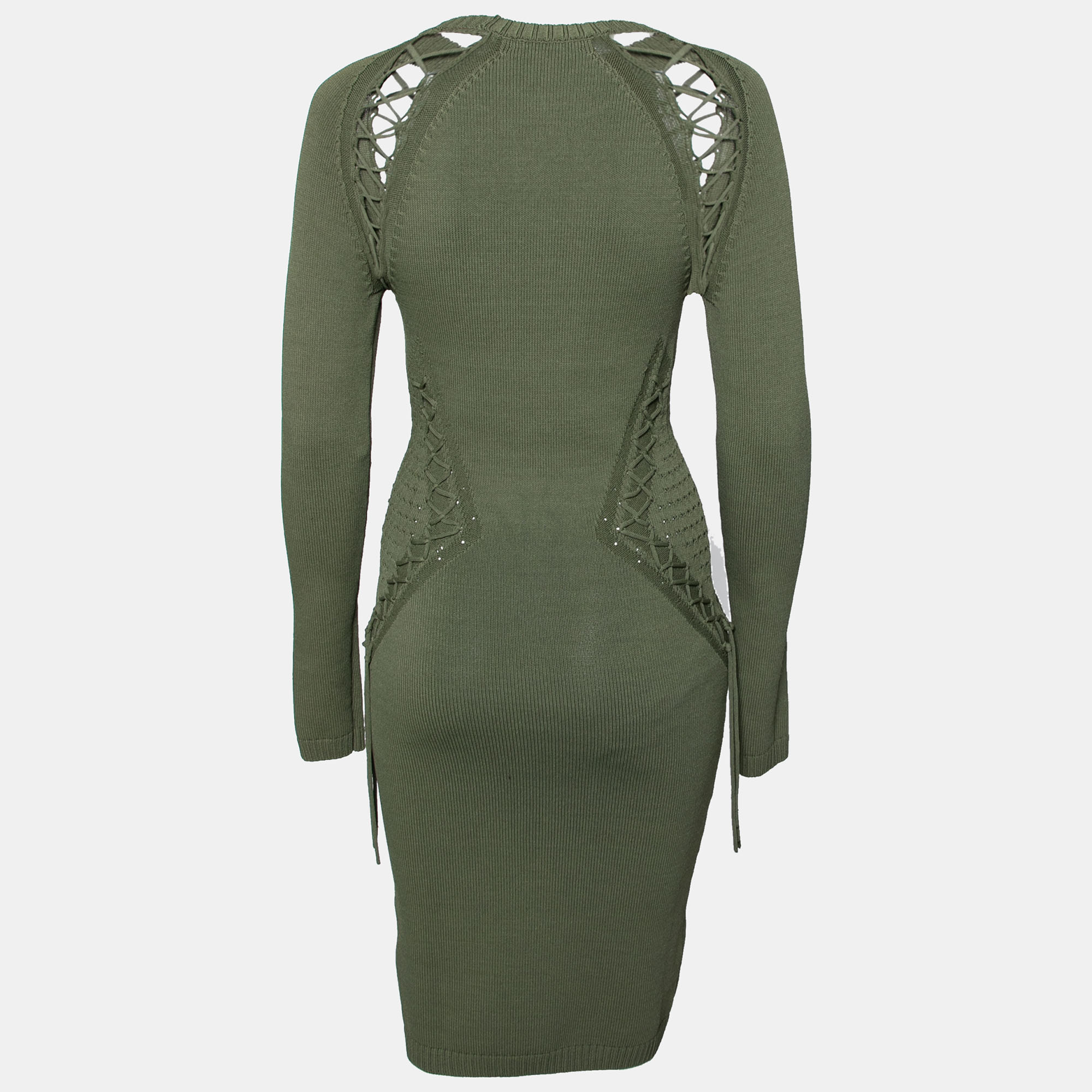 Ronny Kobo Green Knitted Cut-Out Lace Up Detail Bodycon Dress M