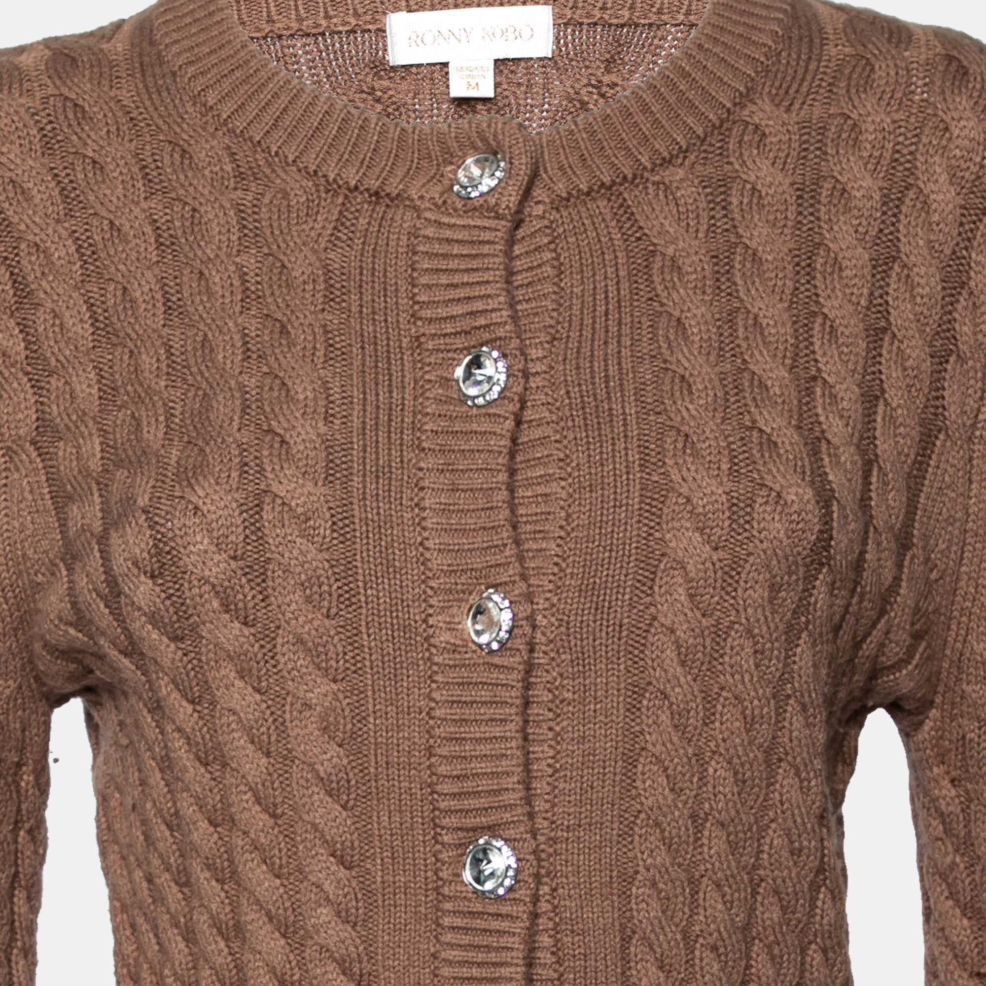 Ronny Kobo Brown Cable Knit Wool Cropped Cardigan M