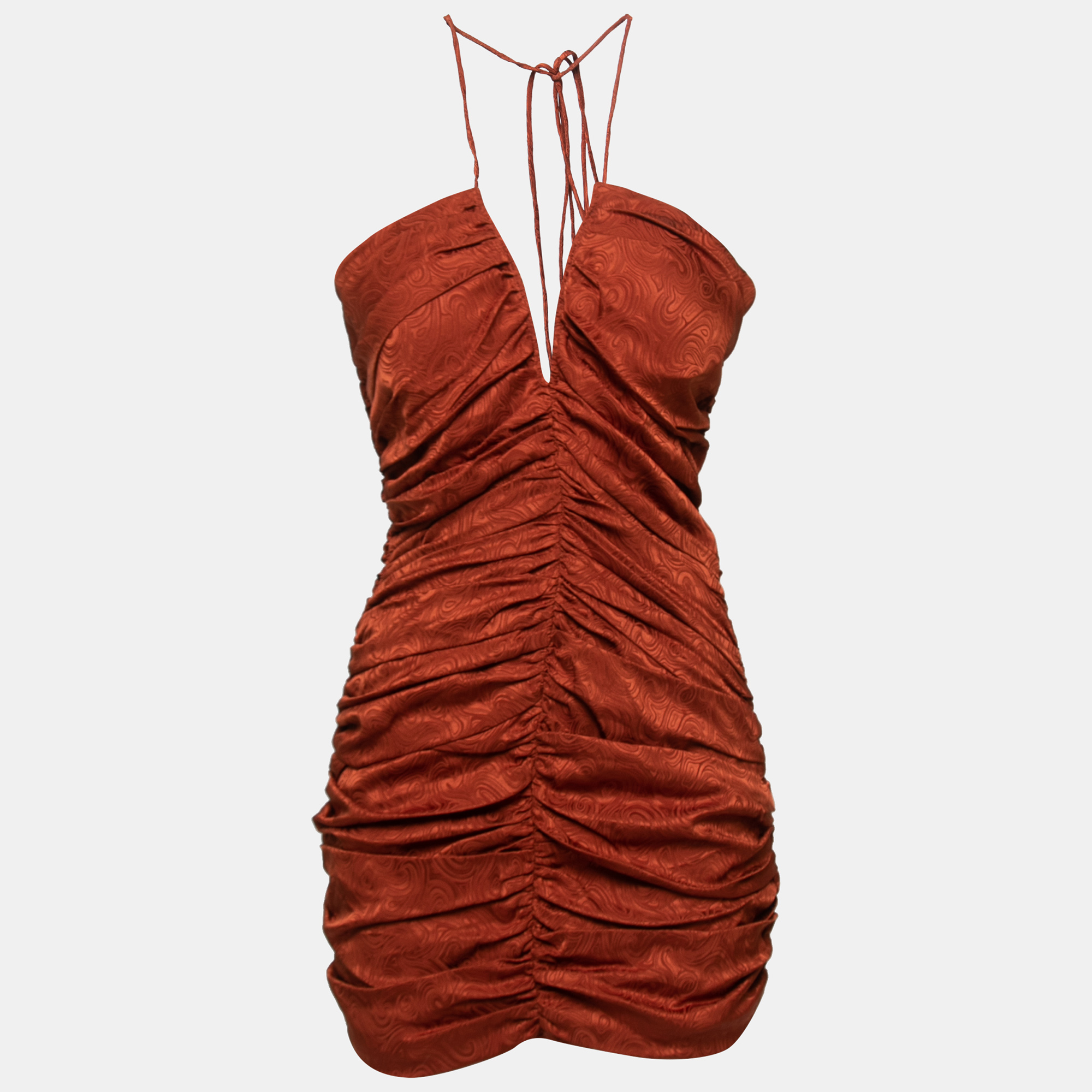 Rony Kobo Brown Silk Blend Ruched Mini Halter Dress M