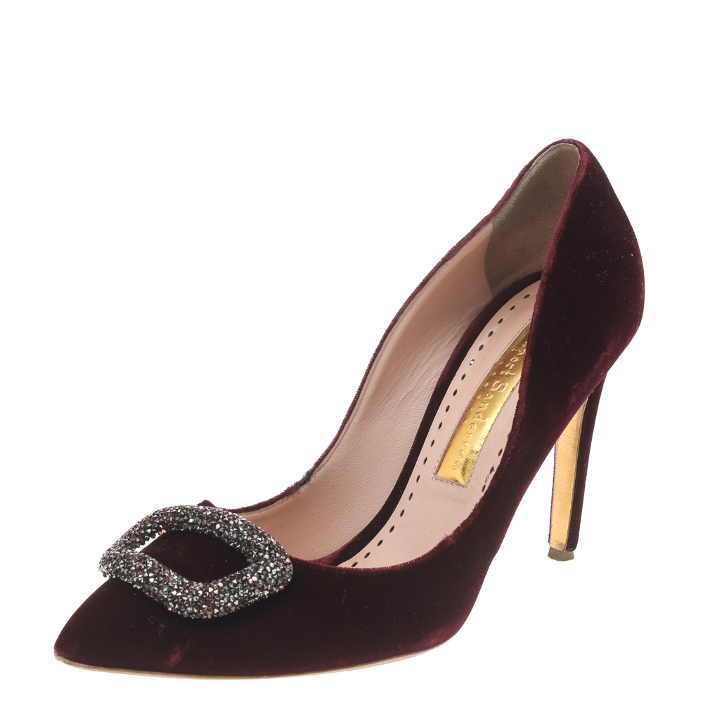 Rupert sanderson deep red velvet crystal embellished pointed toe pumps size 39