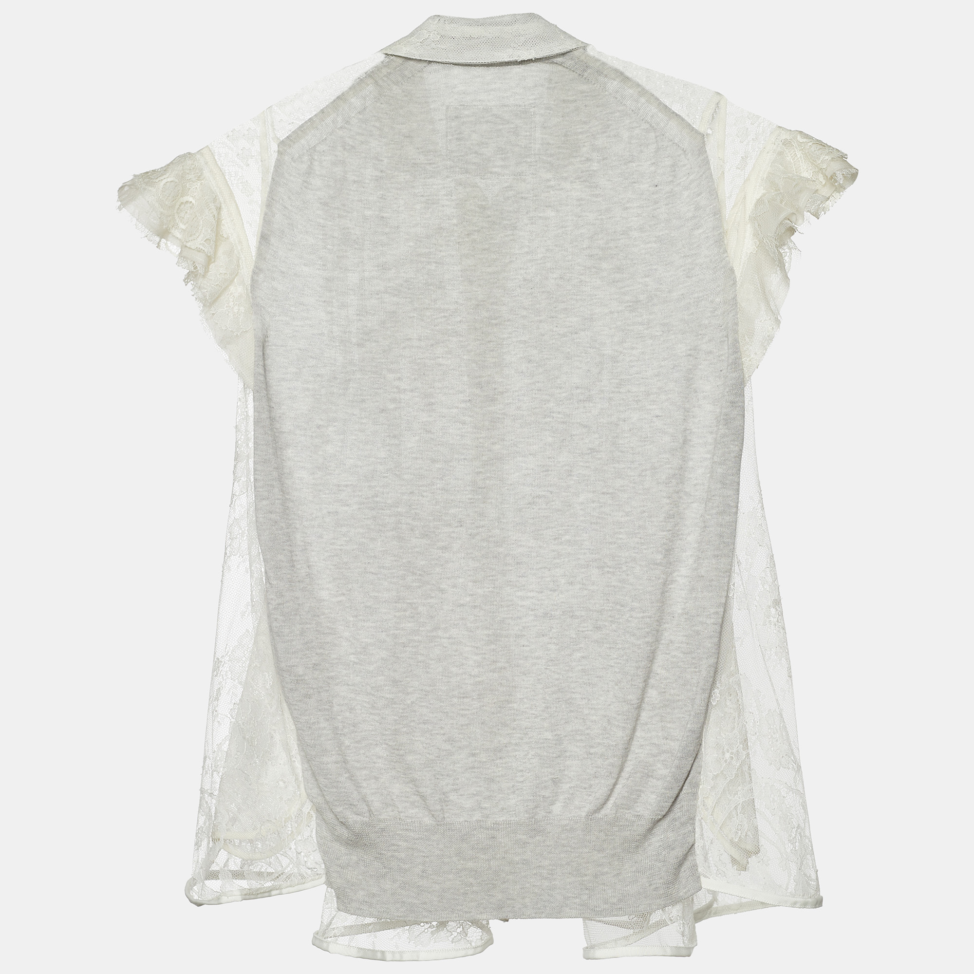 Sacai White Lace & Cotton Paneled Button Front Top S