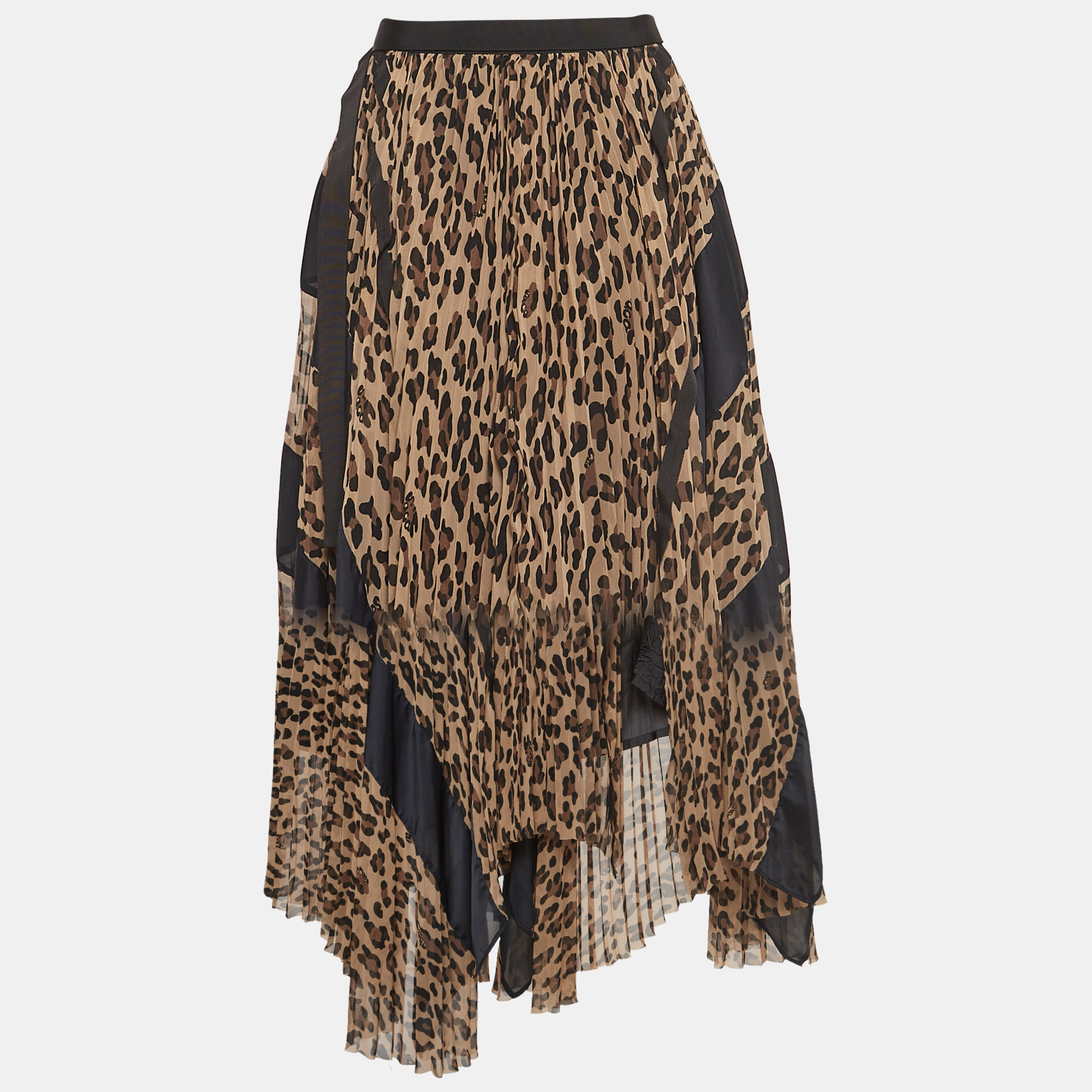Sacai brown leopard print pleated crepe asymmetrical midi skirt s