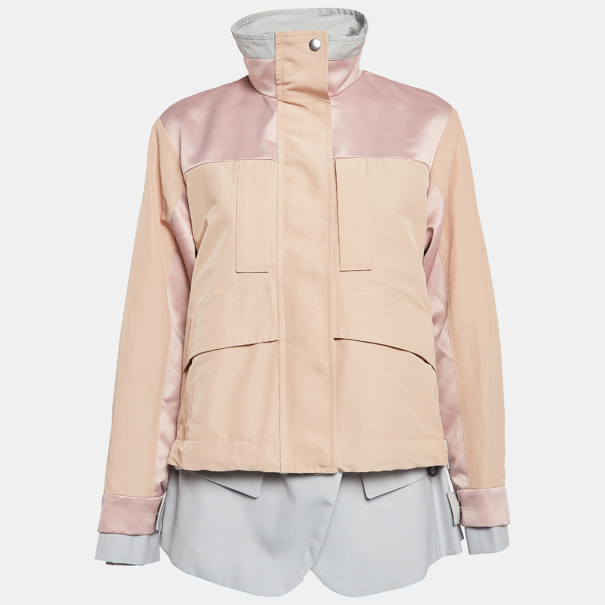 Sacai beige satin trimmed synthetic layered zipper jacket m