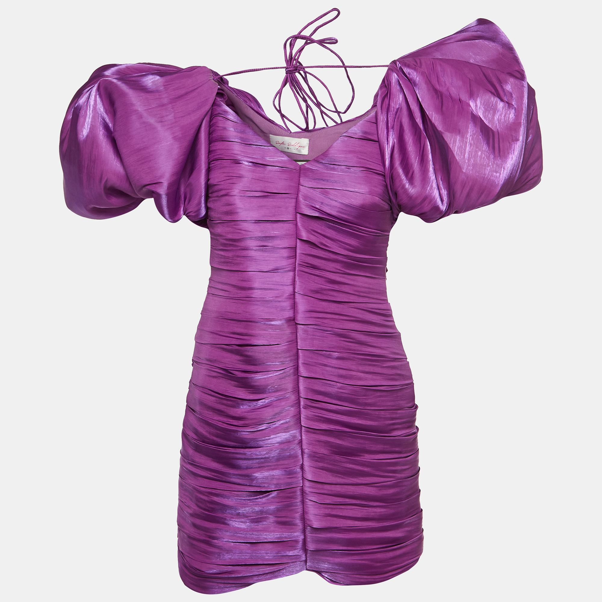 Safa Saddiqui Purple Silk Puff Statement Sleeve Ruched Mini Dress S