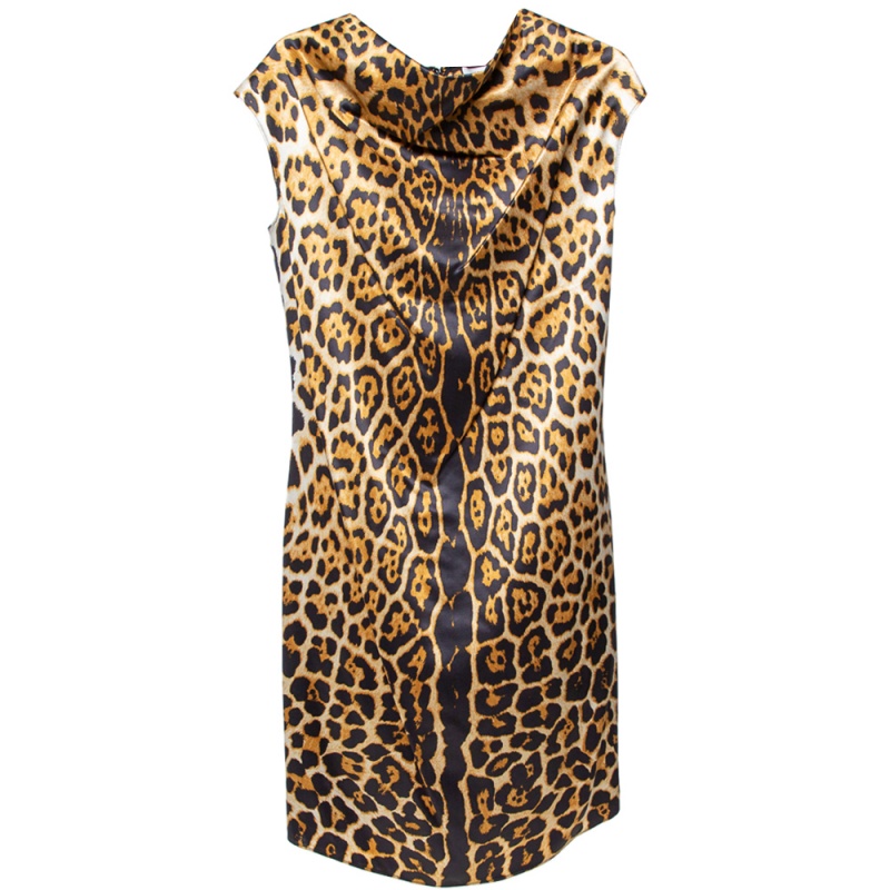 Saint laurent paris yves saint laurent brown leopard printed silk satin cowl neck detail shift dress s