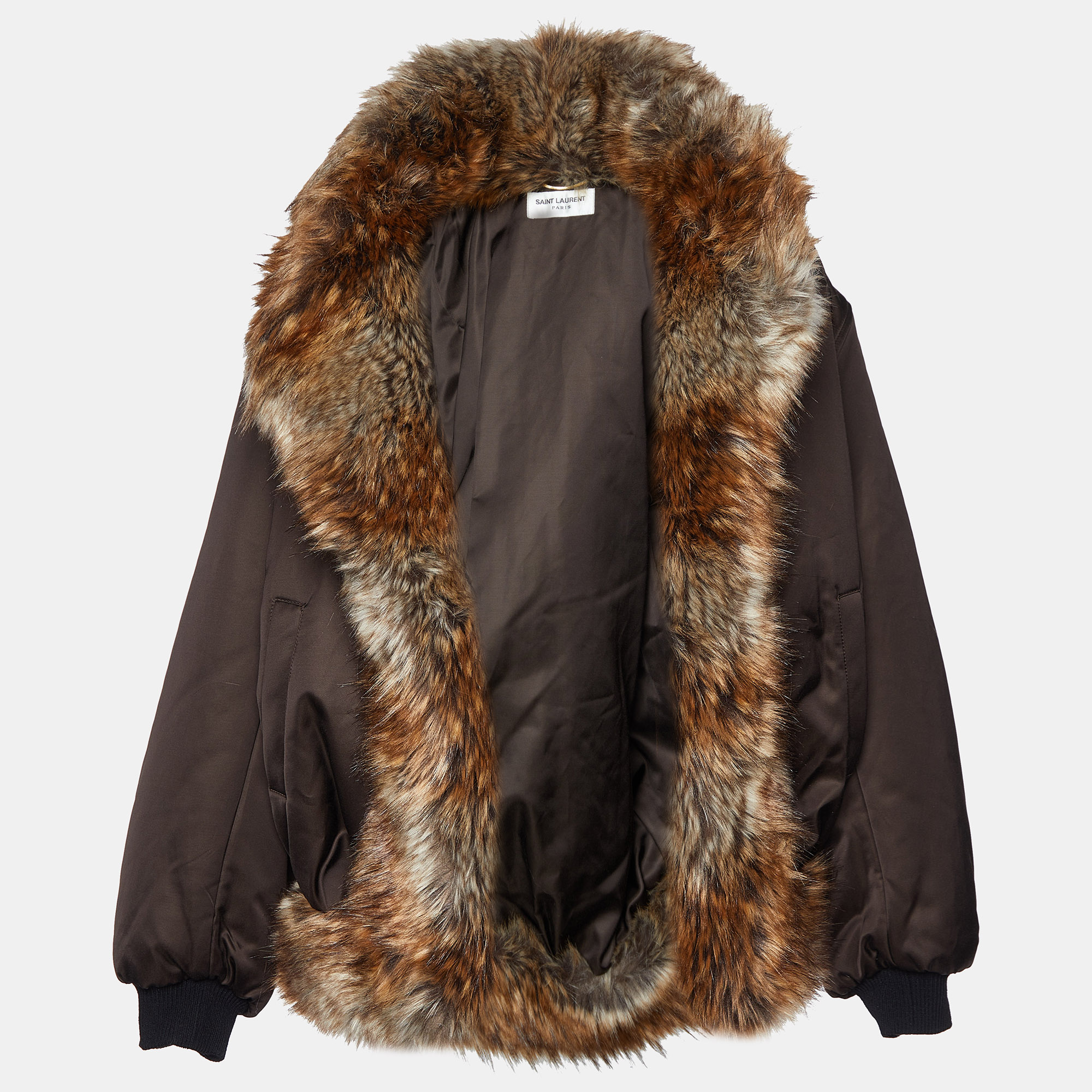 Saint laurent paris brown faux fur trim satin padded bomber jacket s