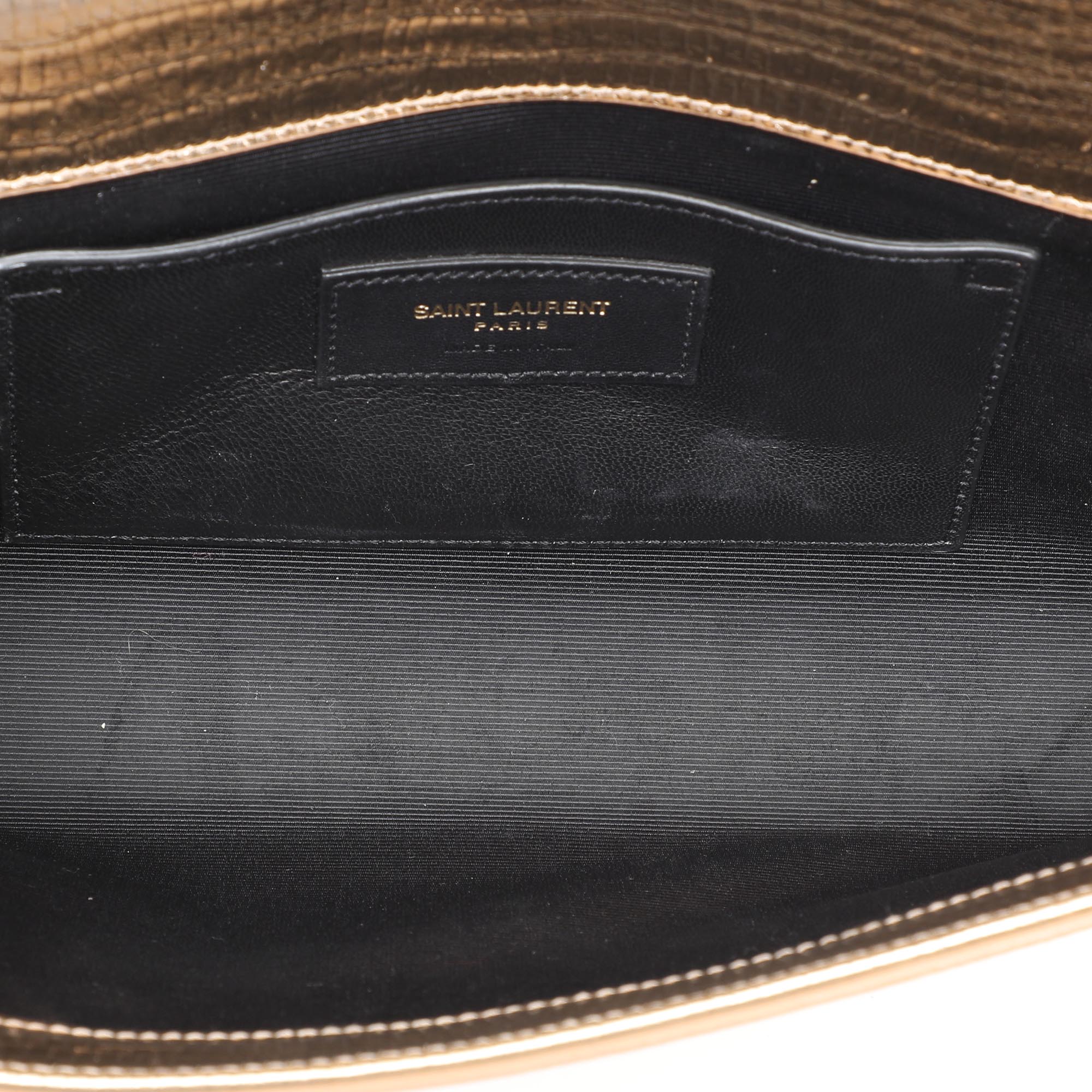 Saint Laurent Gold Lizard Embossed Leather Monogram Kate Tassel Clutch