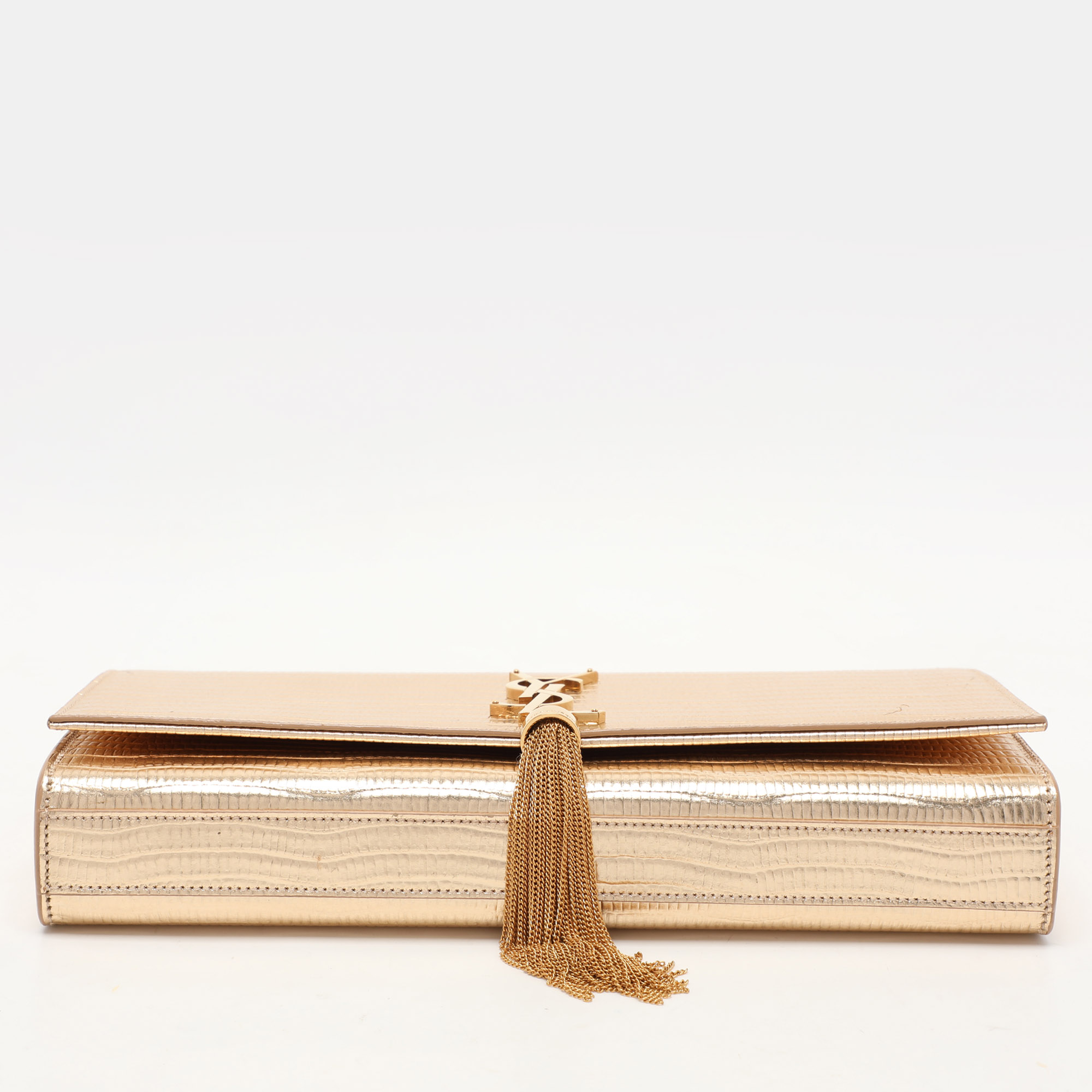 Saint Laurent Gold Lizard Embossed Leather Monogram Kate Tassel Clutch