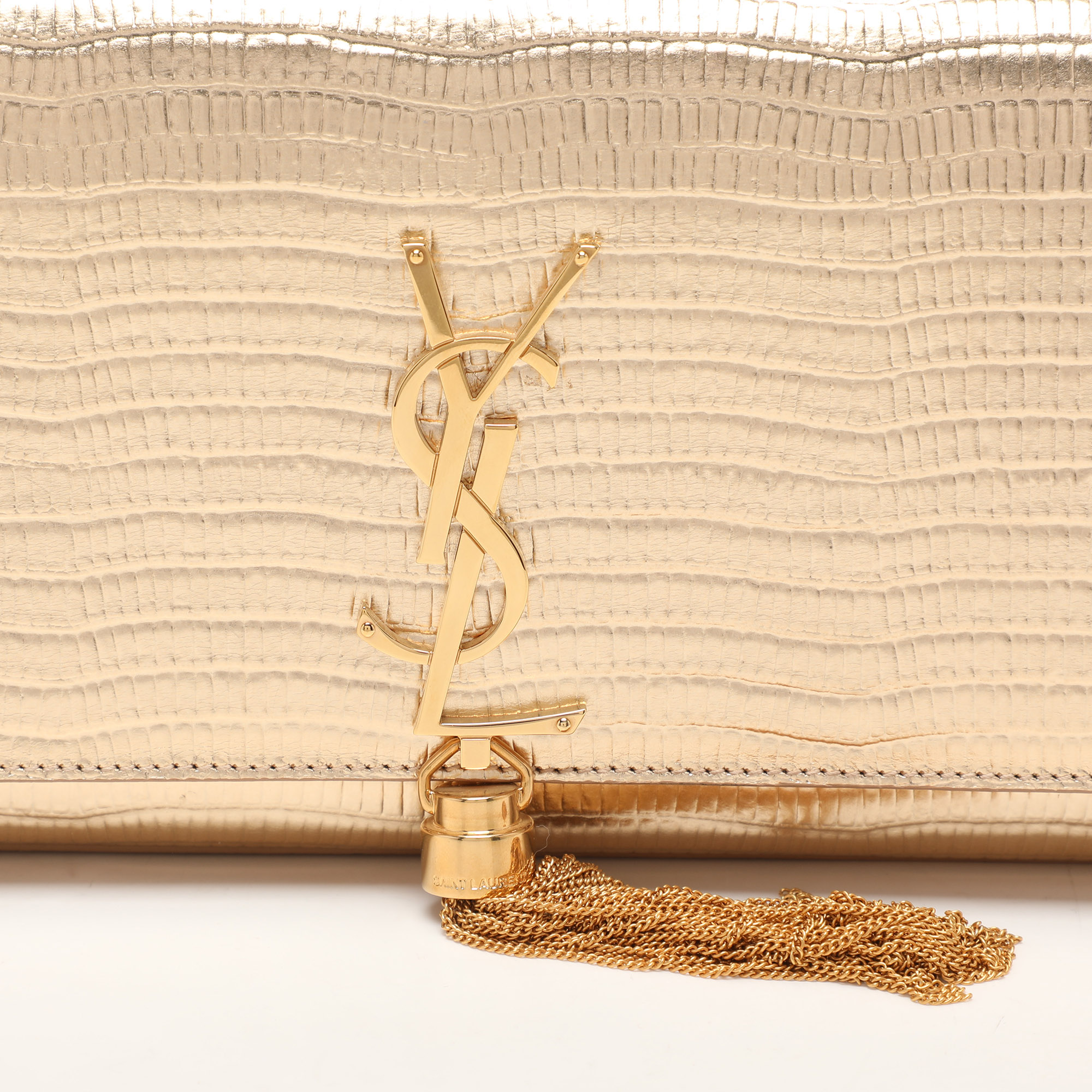 Saint Laurent Gold Lizard Embossed Leather Monogram Kate Tassel Clutch