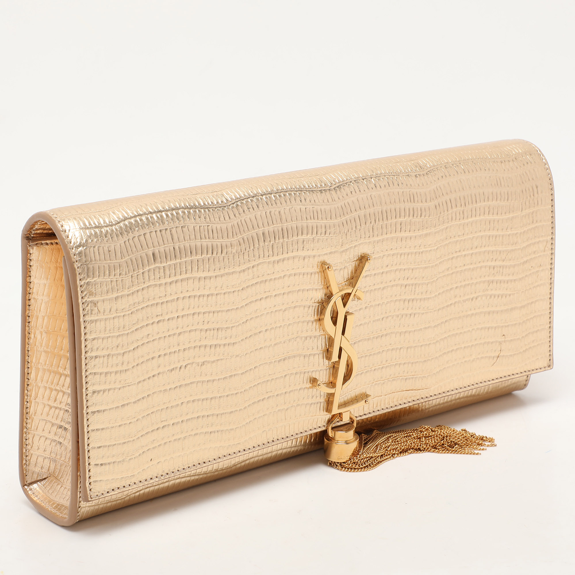 Saint Laurent Gold Lizard Embossed Leather Monogram Kate Tassel Clutch