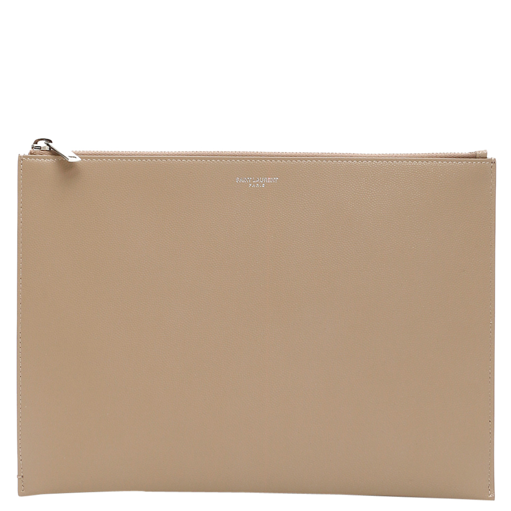Image of Saint Laurent Beige Leather Clutch Bag