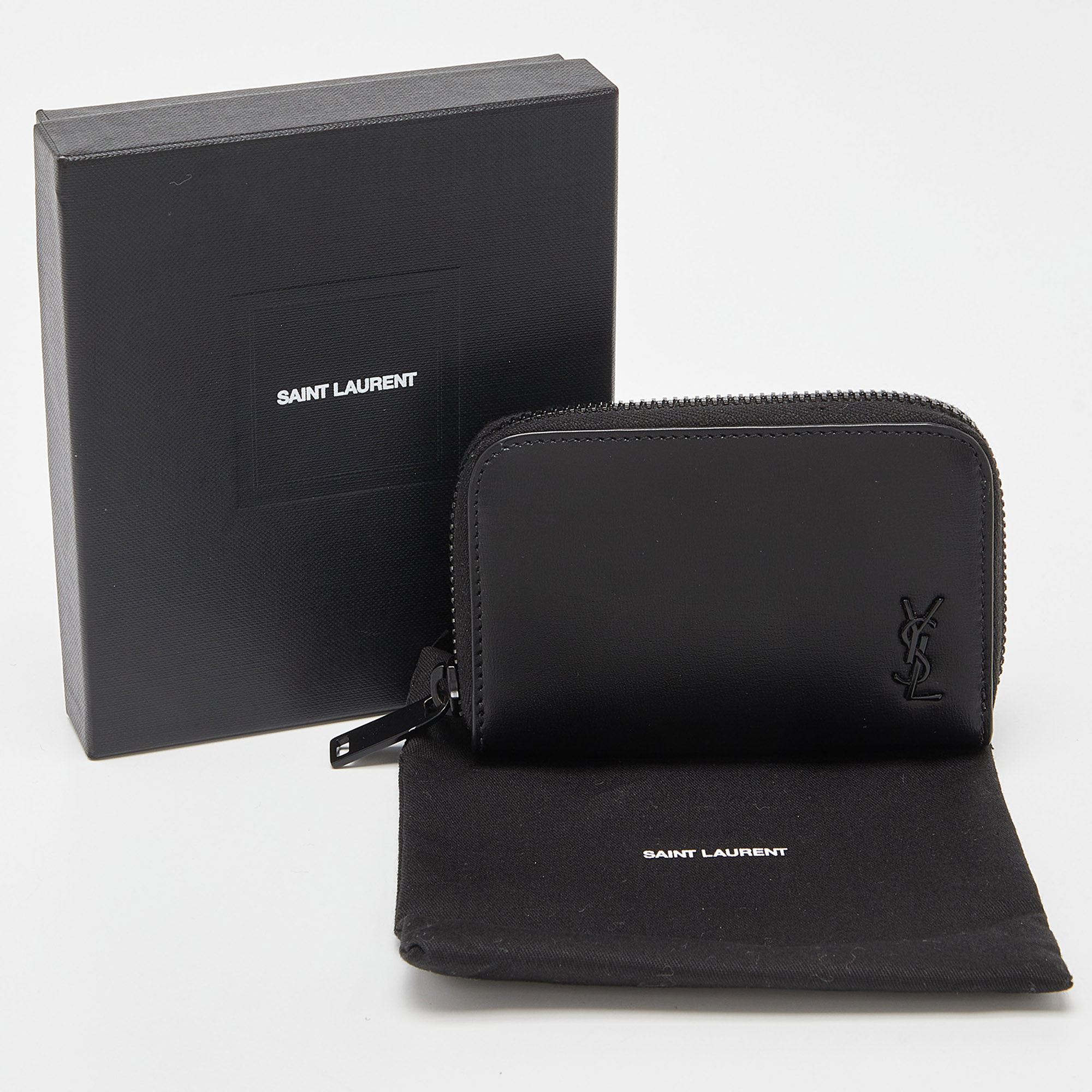 Saint Laurent Black Leather Cassandre Compact Zip Around Wallet