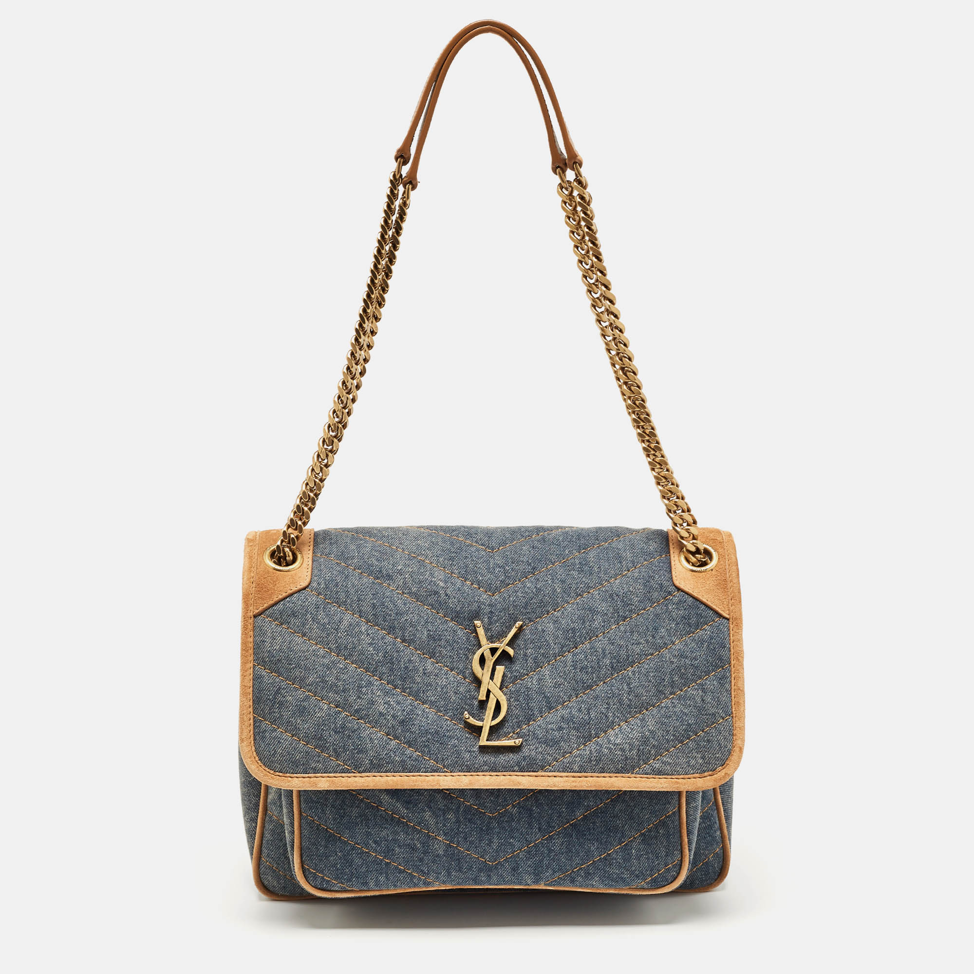 Saint laurent paris saint laurent blue/beige matelasse denim and suede medium niki shoulder bag