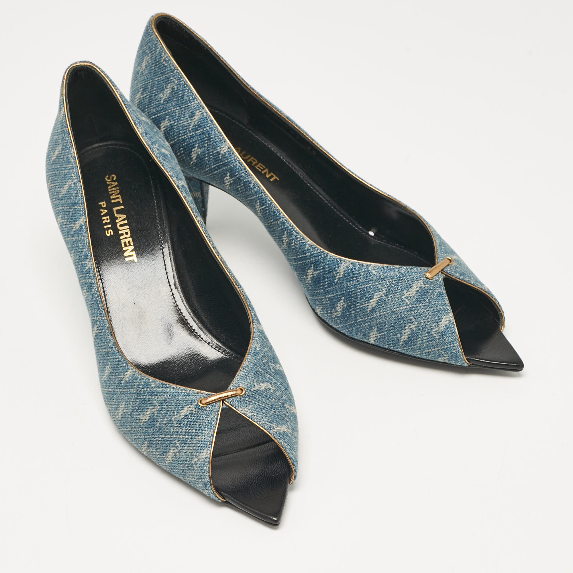 Saint Laurent Blue Denim Lora Peep Toe Pumps Size 36