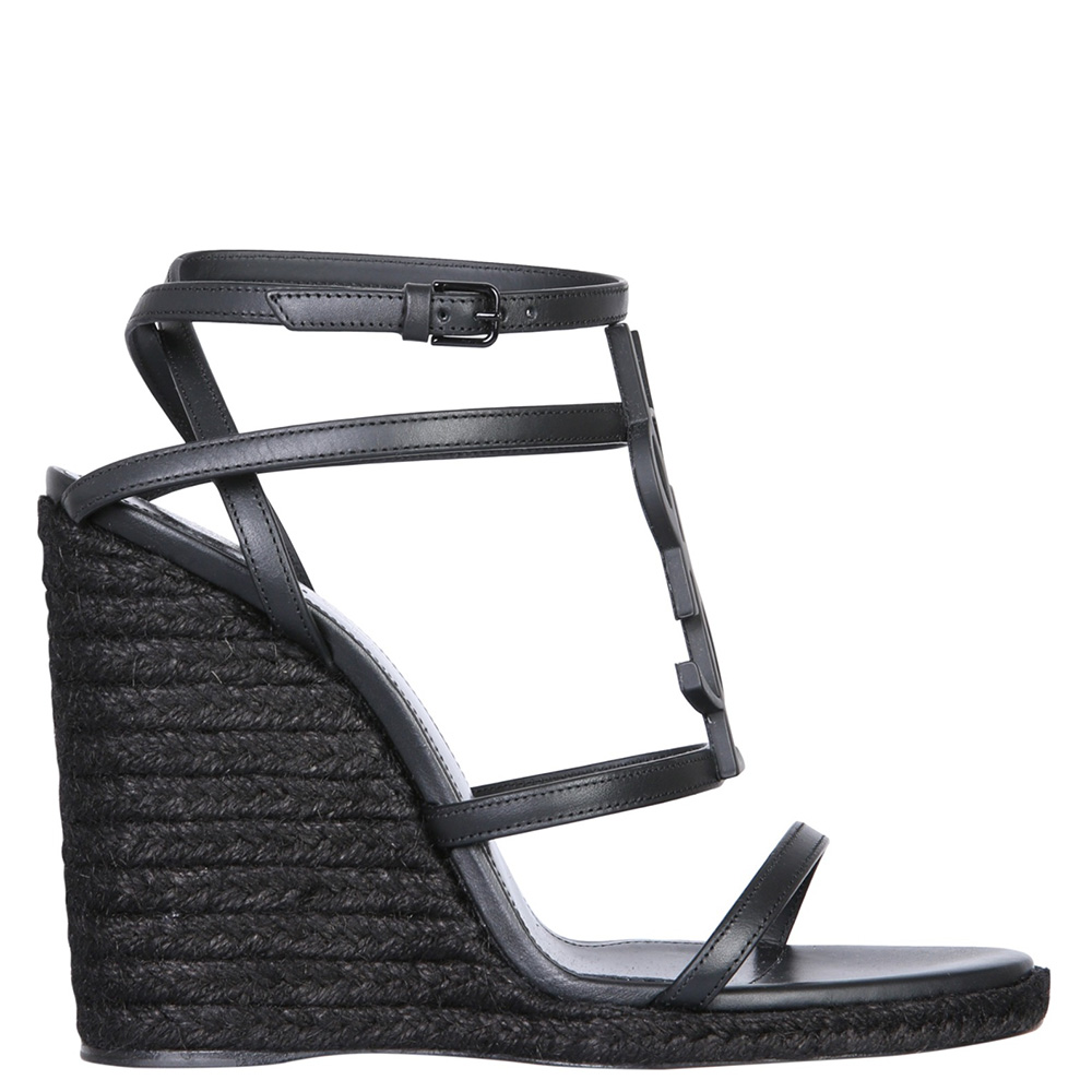 Image of Saint Laurent Black Leather Cassandra Signature Logo Espadrilles Wedge Heels IT