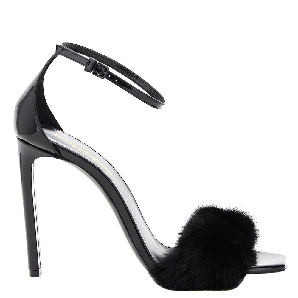 Image of Saint Laurent Black Patent Leather And Mink Fur Sandals Size EU