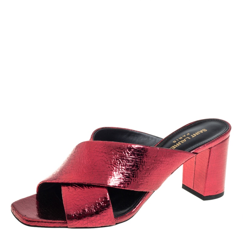 Saint Laurent Metallic Red Foil Leather Loulou Criss Cross Slide Sandals Size 38.5