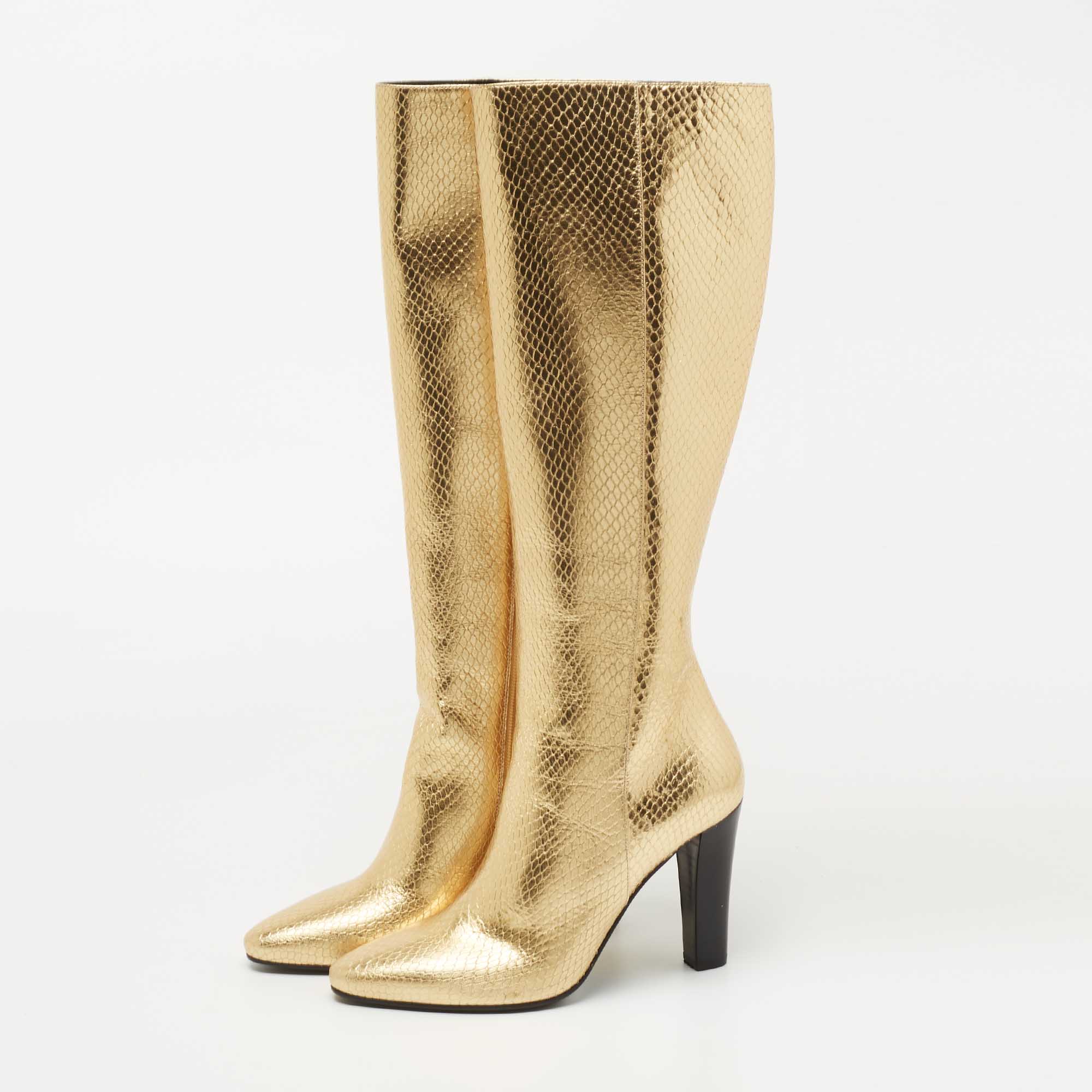 

Saint Laurent Gold Python Embossed Leather Length Boots Size