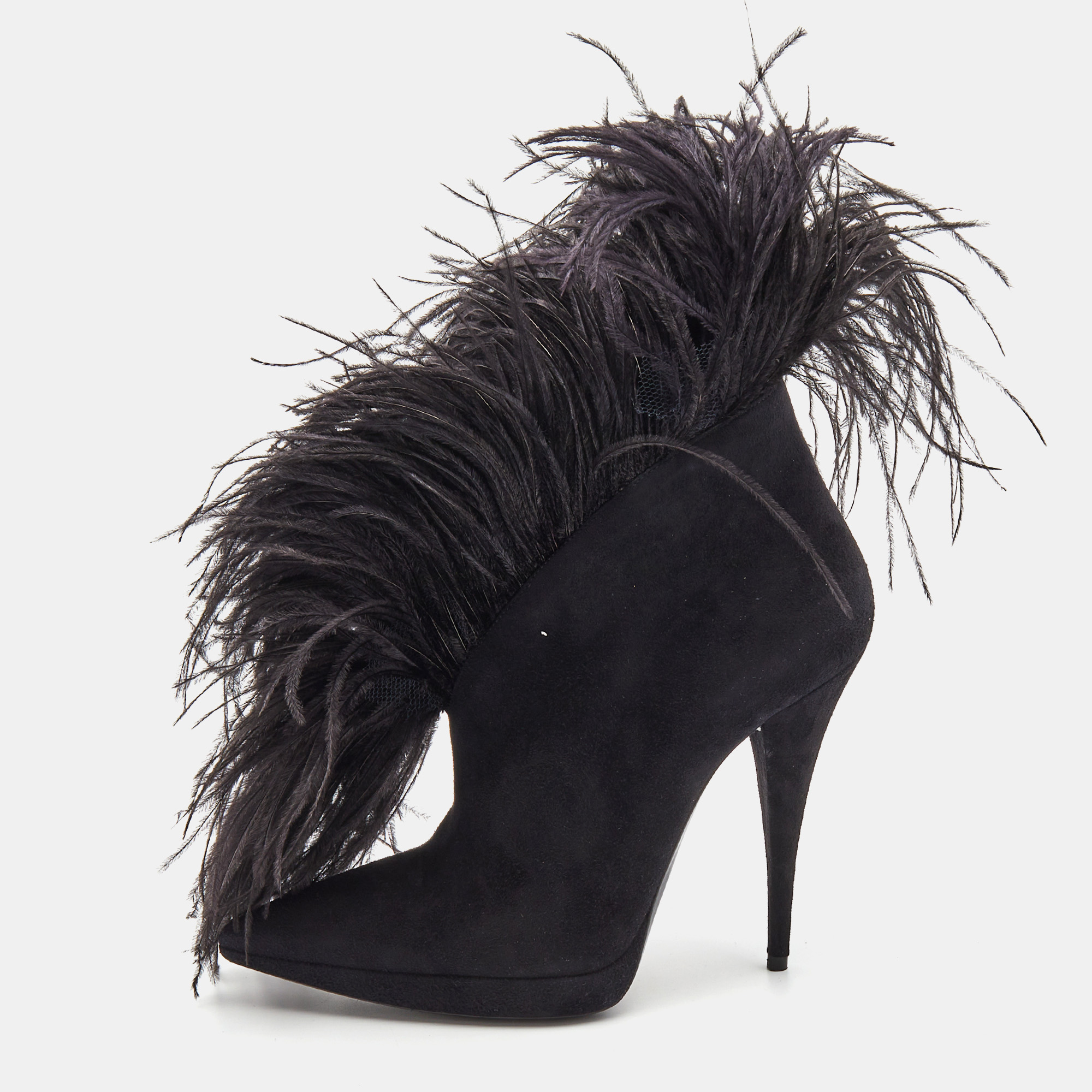 

Saint Laurent Black Suede and Feather Zizi Ankle Booties Size