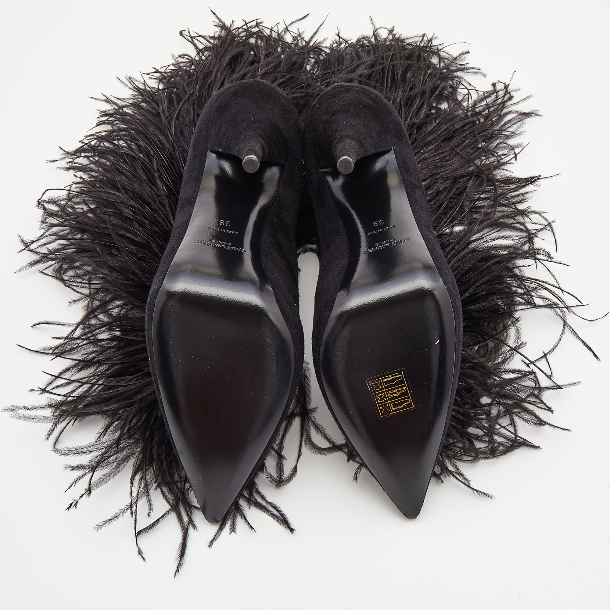 Saint Laurent Black Suede And Feather Zizi Ankle Booties Size 39