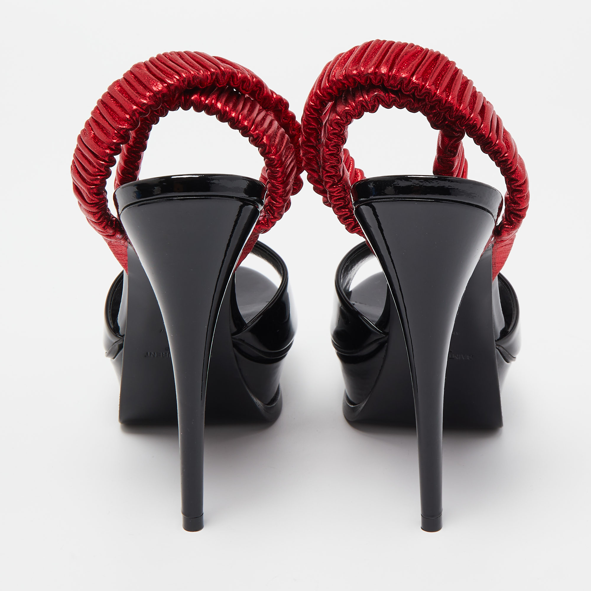 Saint Laurent Black Patent Leather Platform Ankle Wrap Sandals Size 36.5