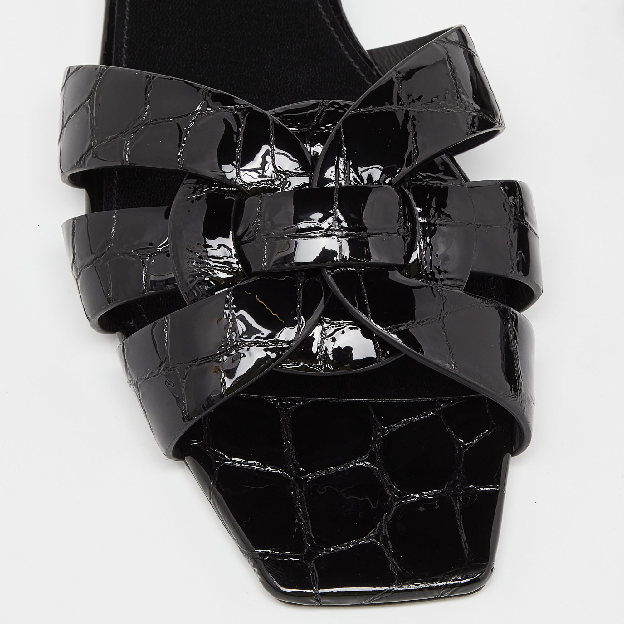 Saint Laurent Black Croc Embossed Patent Leather Tribute Flat Slides Size 38.5
