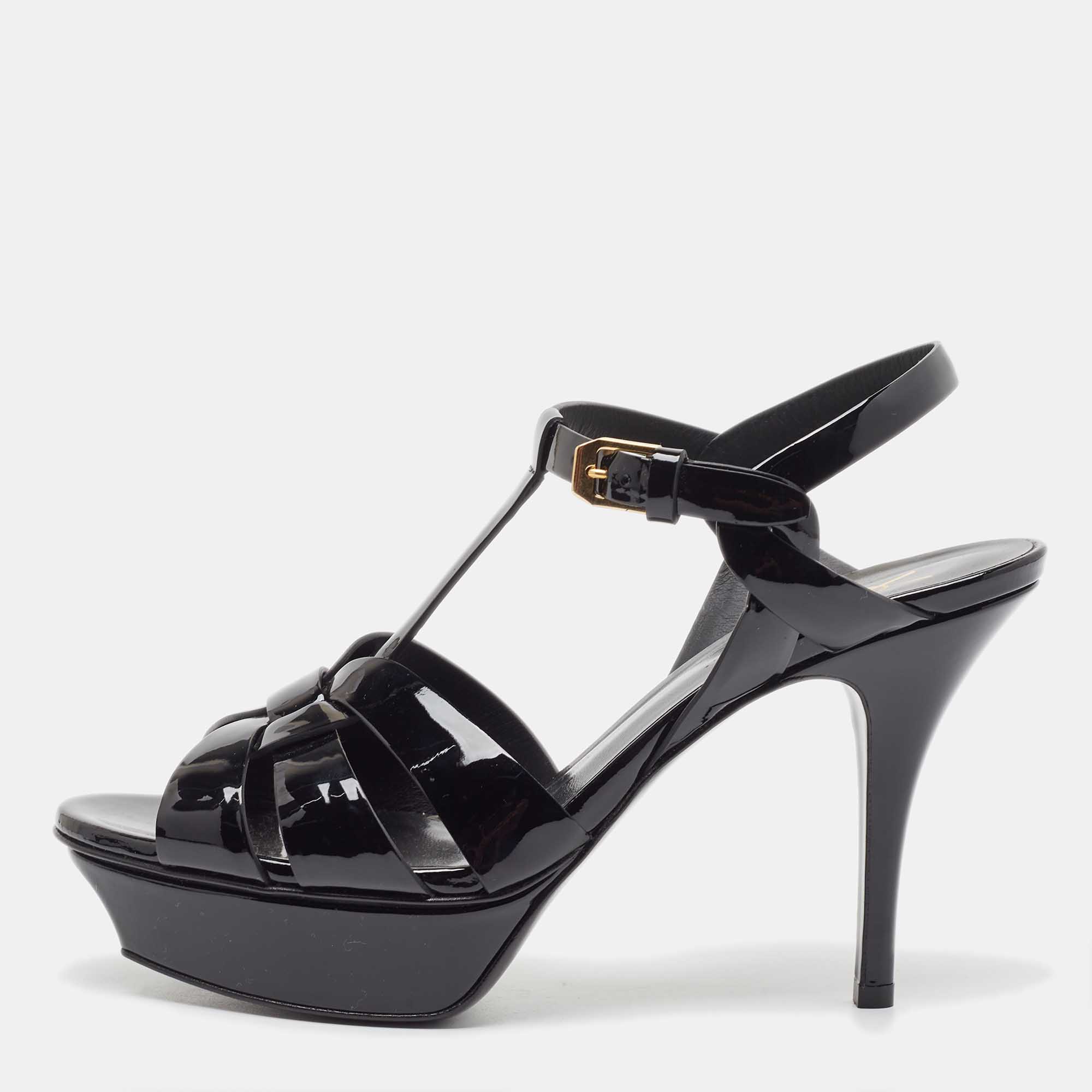 Saint Laurent Black Patent Tribute Sandals Size 38