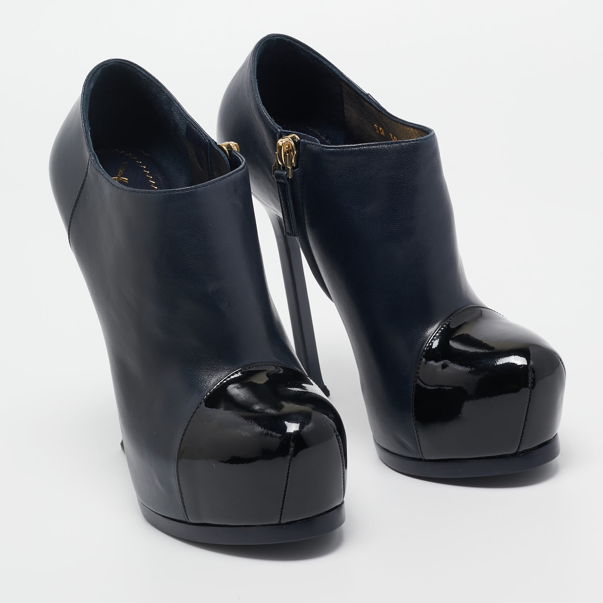 Yves Saint Laurent Navy Blue/Black Leather And Patent Leather Tribute Platform Ankle Boots Size 36