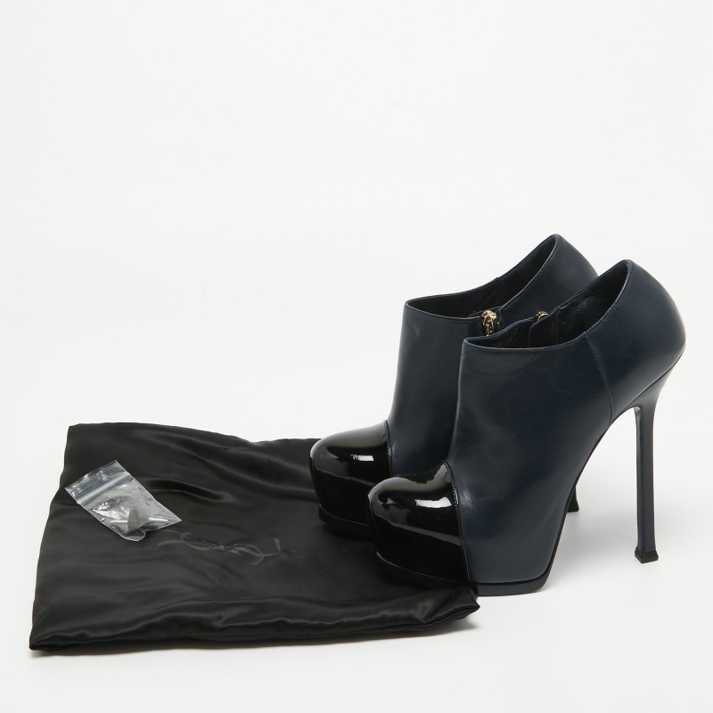 Yves Saint Laurent Navy Blue/Black Leather And Patent Leather Tribute Platform Ankle Boots Size 36