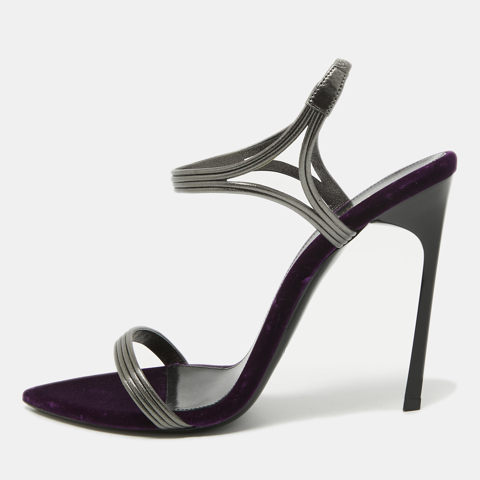 Saint laurent paris saint laurent metallic silver/purple leather and velvet ankle strap sandals size 40.5