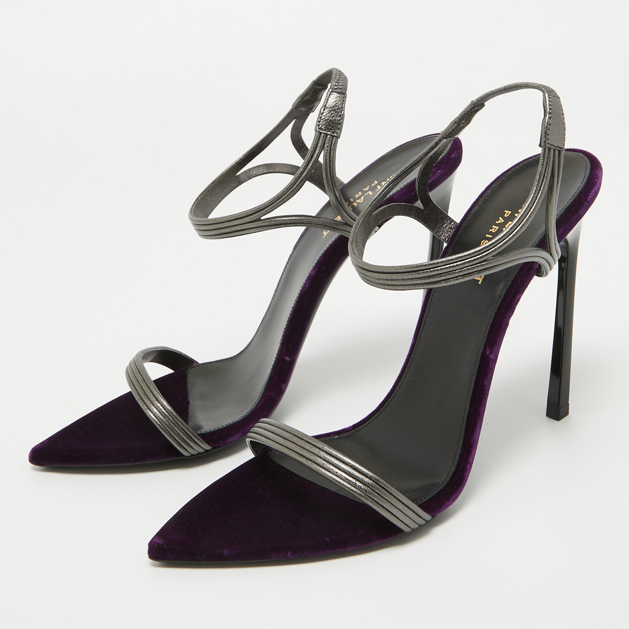 Saint Laurent Metallic Silver/Purple Leather And Velvet Ankle Strap Sandals Size 40.5