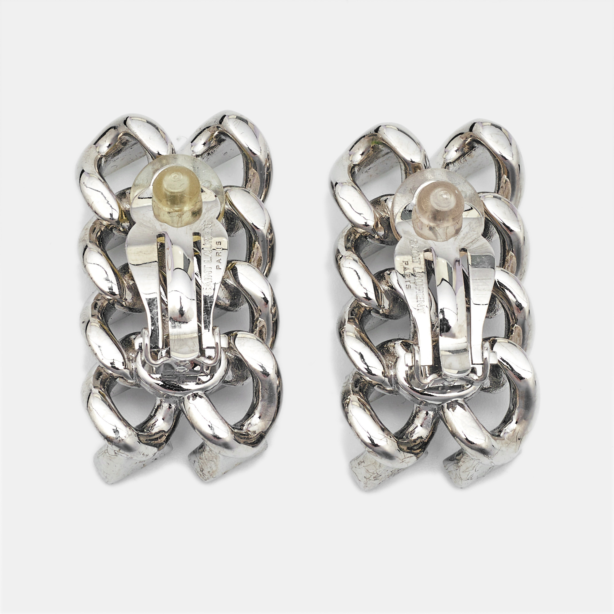 Saint Laurent  Chain Link Crystal Silver Tone Clip On Earrings