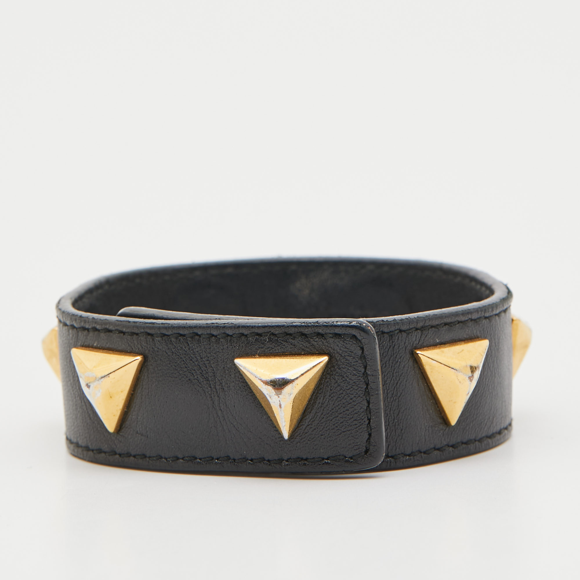 Saint Laurent Paris Black Leather Triangle Studs Gold Tone Cuff Bracelet